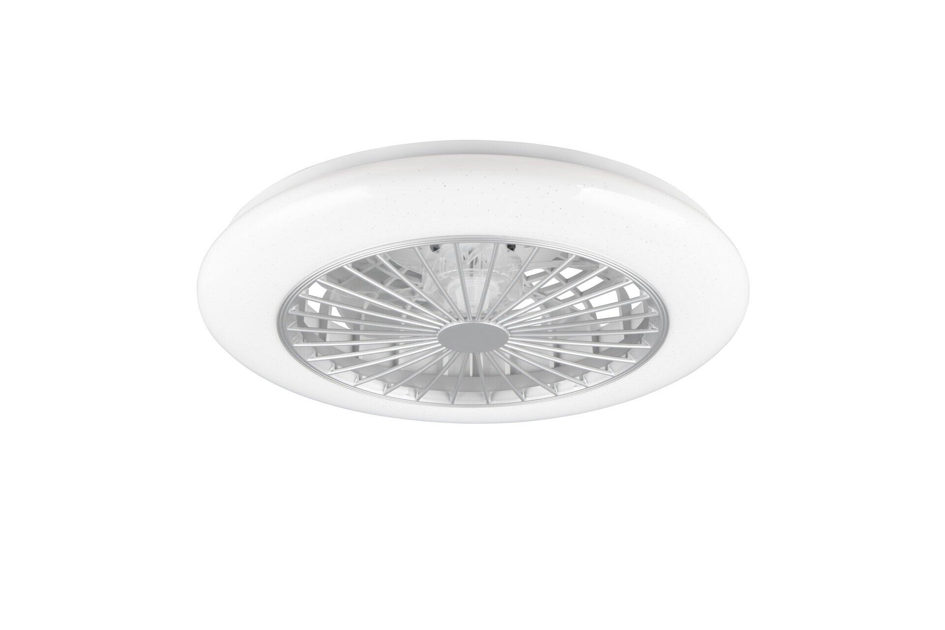 Deckenventilator mit weißem Gehäuse und silbernen Flügeln.