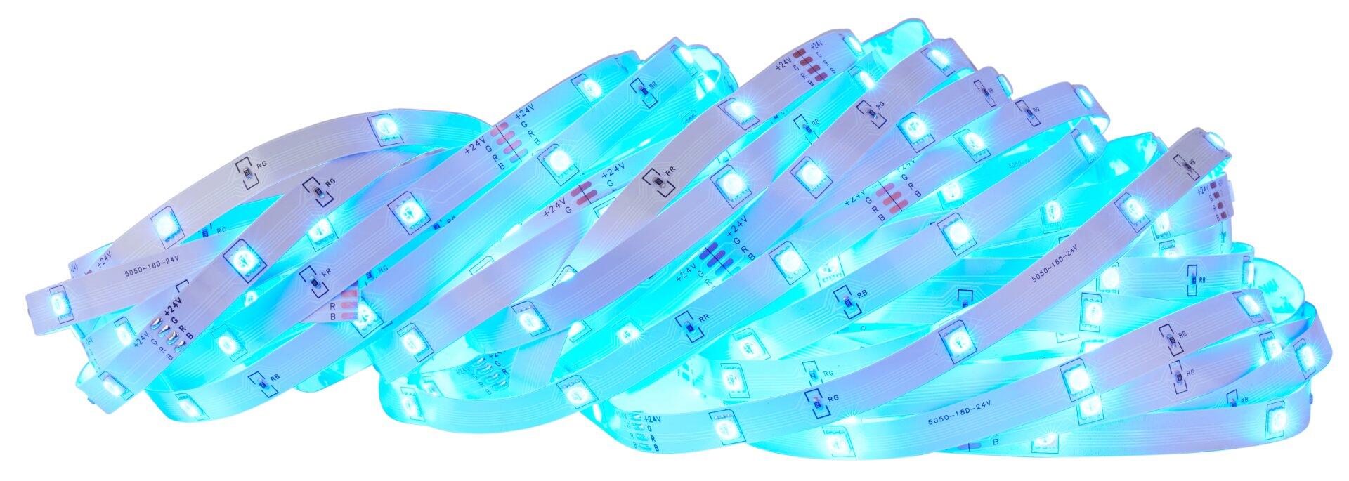 LED-Band "Stripe" mit selbstklebender Rückseite und technischen Details wie "+24V", dargestellt in eisblauem Farbton und schräger Perspektive.