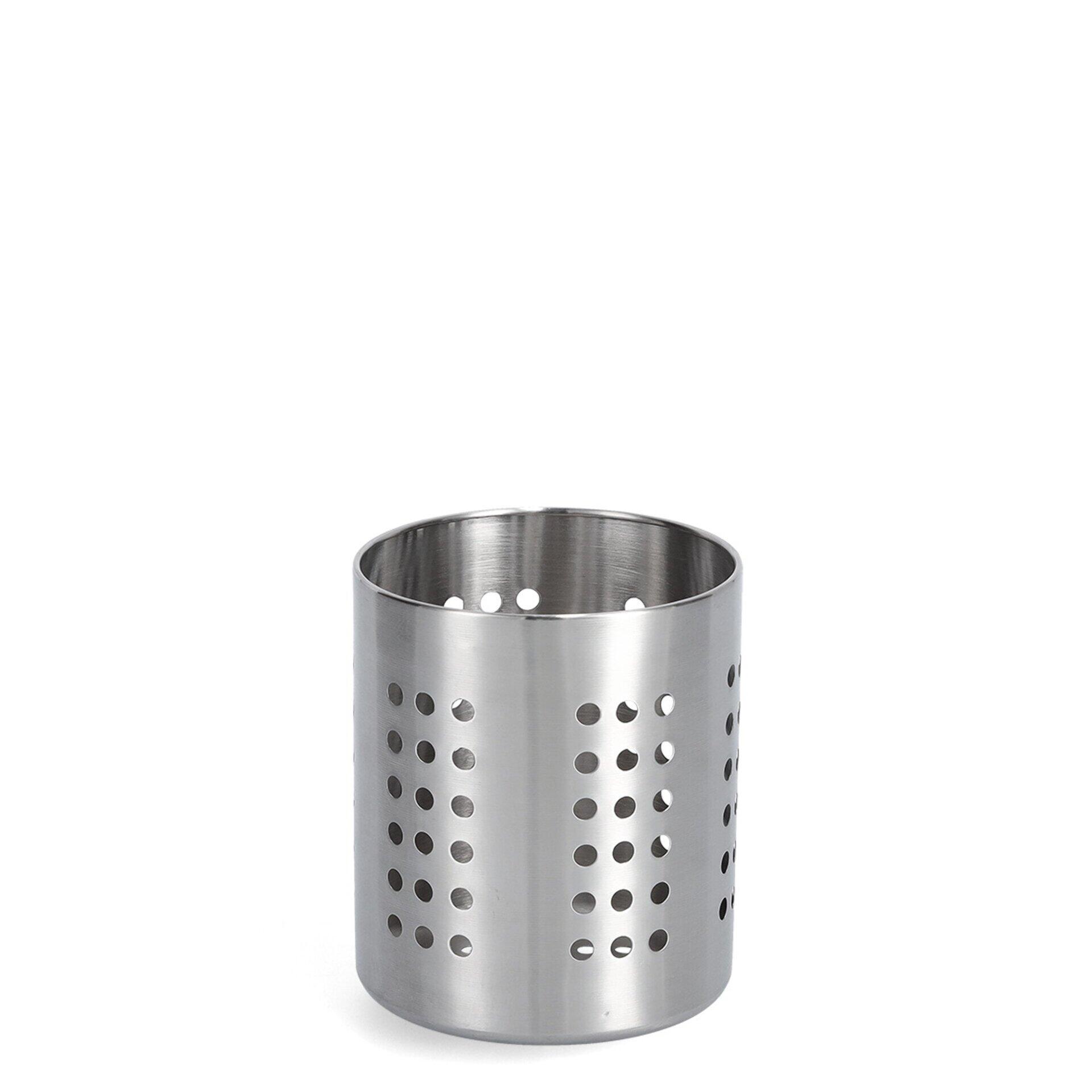 Utensilienhalter aus Edelstahl mit gleichmäßig verteilter Perforierung für optimale Belüftung und einen schlichten Look.