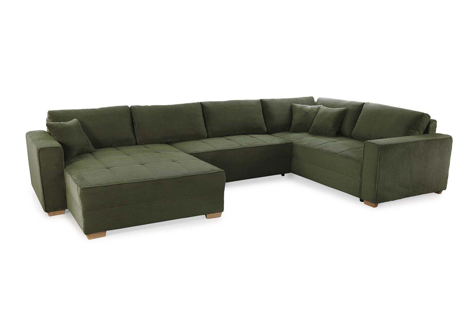 Grüne Wohnlandschaft Brixen mit strukturiertem Cordbezug, Ziernähten auf dem längeren Sitzbereich und goldenen Füßen, bestehend aus einem Sitzbereich mit Rückenkissen, einem breiteren Sitzbereich und einem Fußhocker.