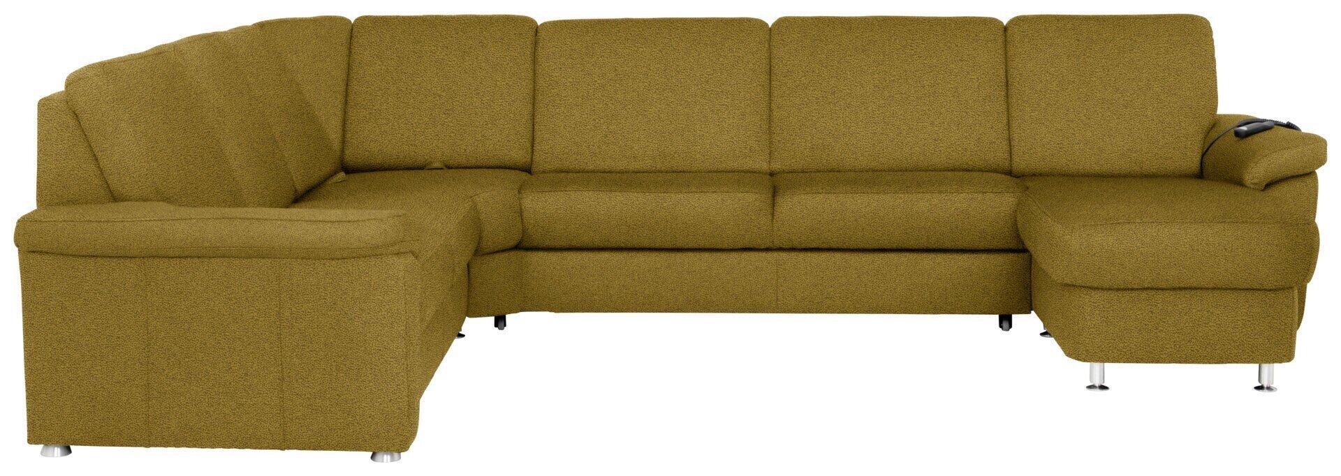 Beiges Ecksofa Tyron mit Relaxfunktion, silberfarbenen Füßen und segmentierten, leicht geschwungenen Rückenlehnen, sowie Bedienelement für die Relaxfunktion auf der rechten Armlehne.