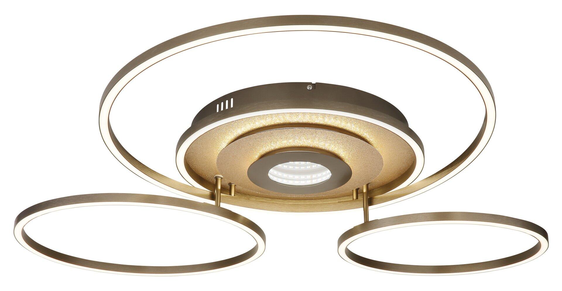 Deckenleuchte MILES mit modernem, minimalistischem Design und konzentrischen, goldenen Ringen, die von einer warmweißen, runden Leuchtfläche umgeben sind.