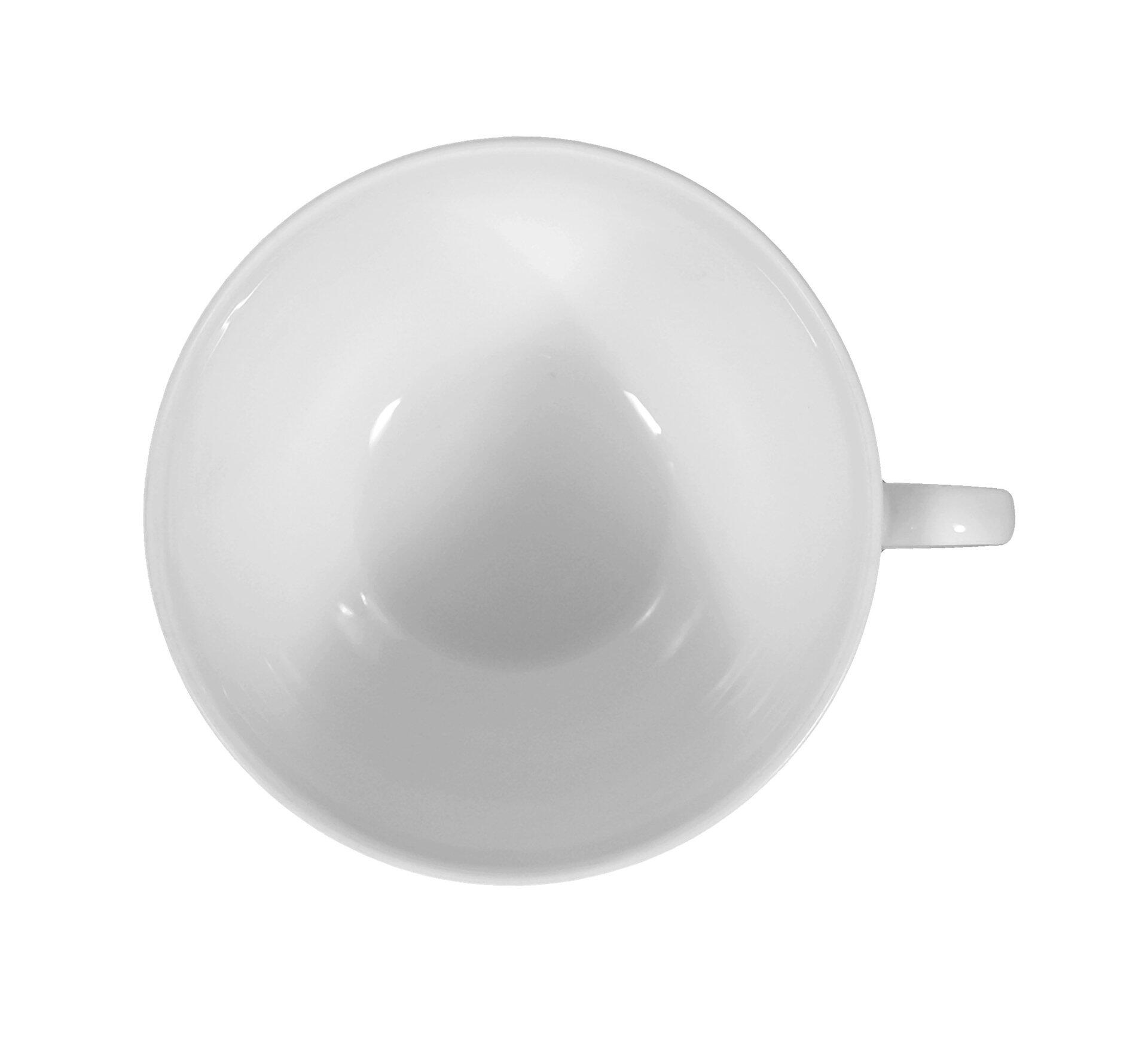 Milchkaffeeobertasse Rondo/Liane in Weiß, aus der Vogelperspektive erkennbar mit schmalem, nach außen gebogenem Henkel.