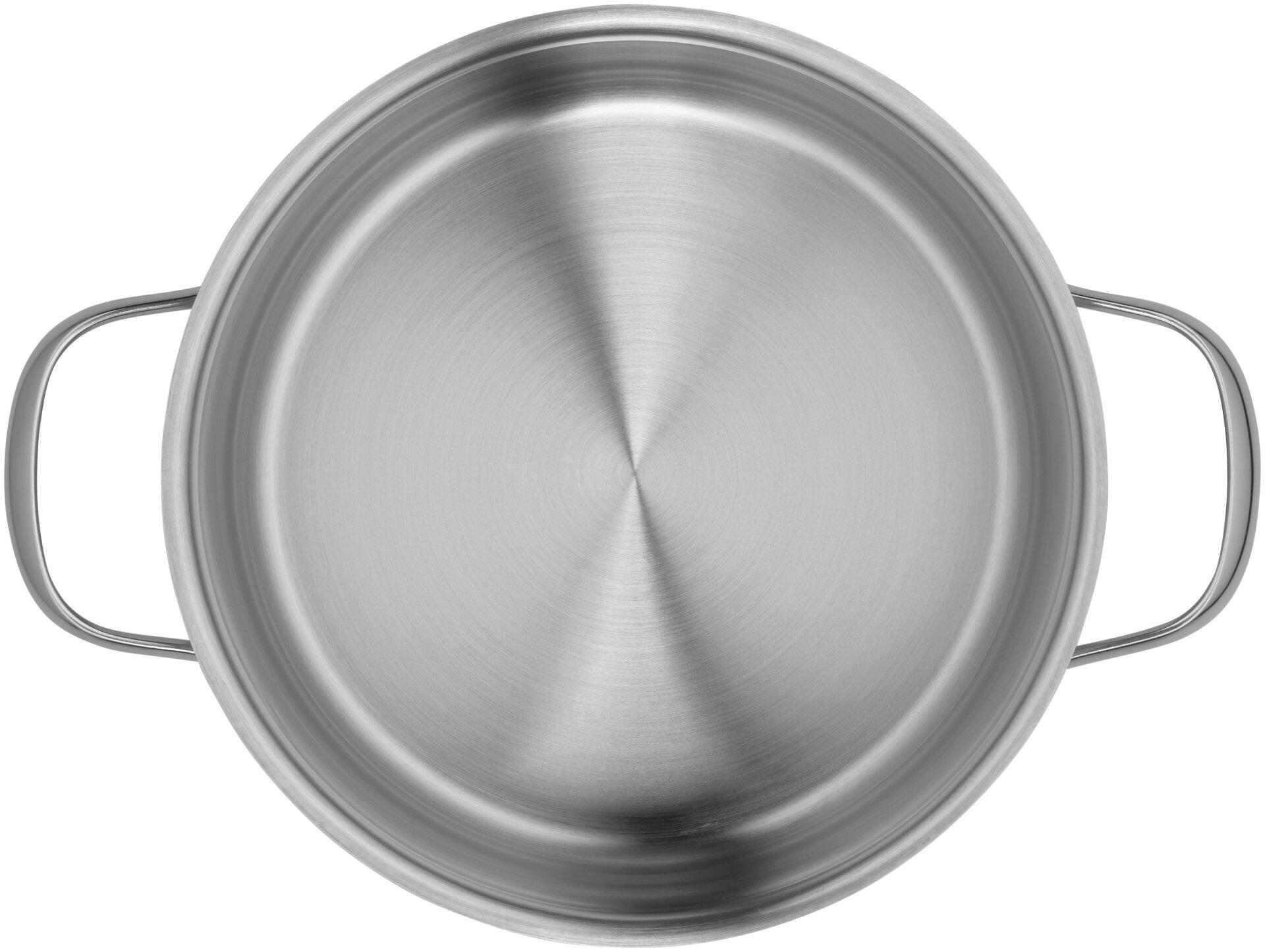 Fleischtopf Provence Plus von WMF: Draufsicht auf den Edelstahl-Topf mit Deckel, Ø 20 cm, zeigt polierte Oberfläche und konische Wände mit gebogenen Griffen.