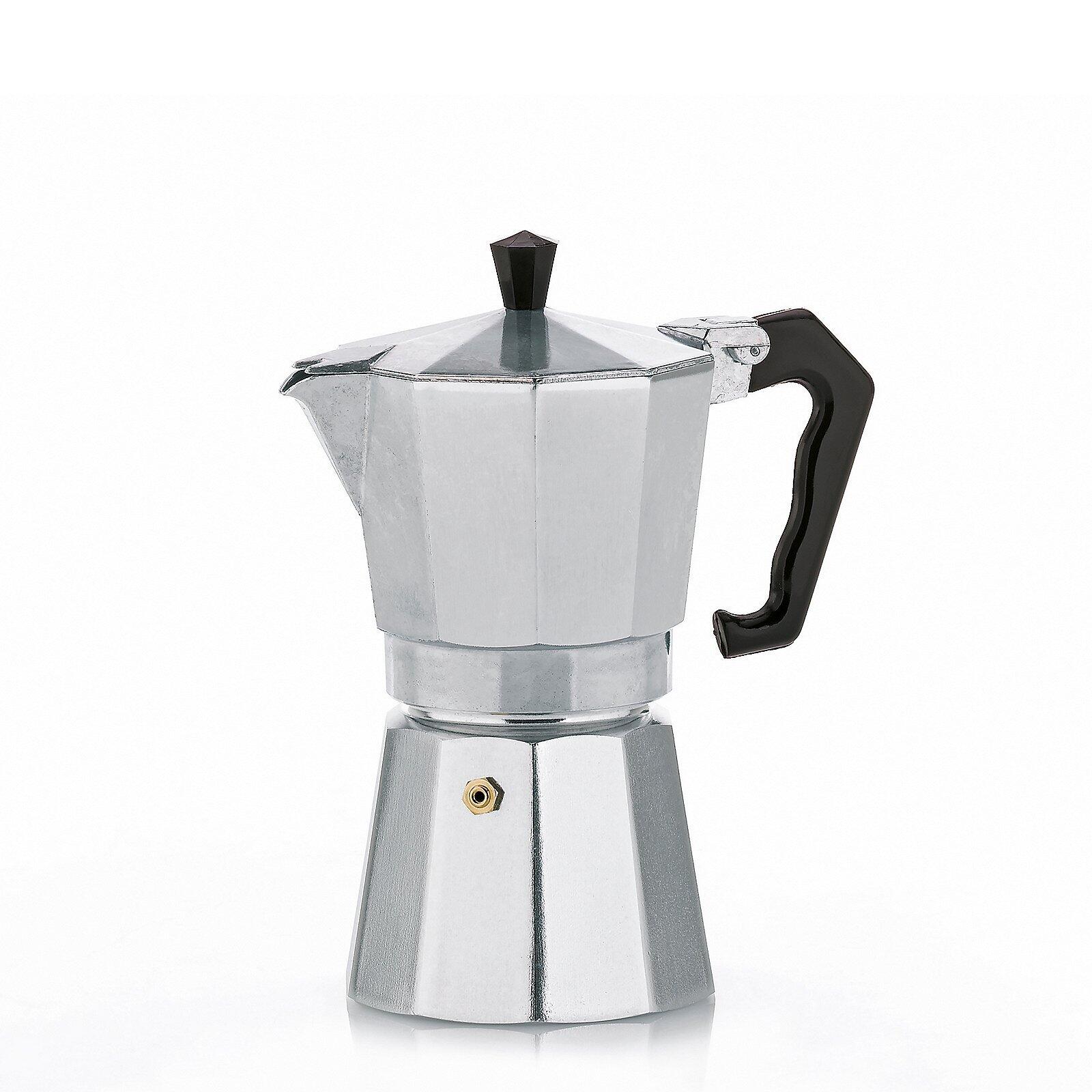 Espressokanne Italia aus poliertem Aluminium, seitlich mit erkennbarem Ausgießer, Griff und Detailansicht des schwarzen Knopfes und des goldenen Ventils.