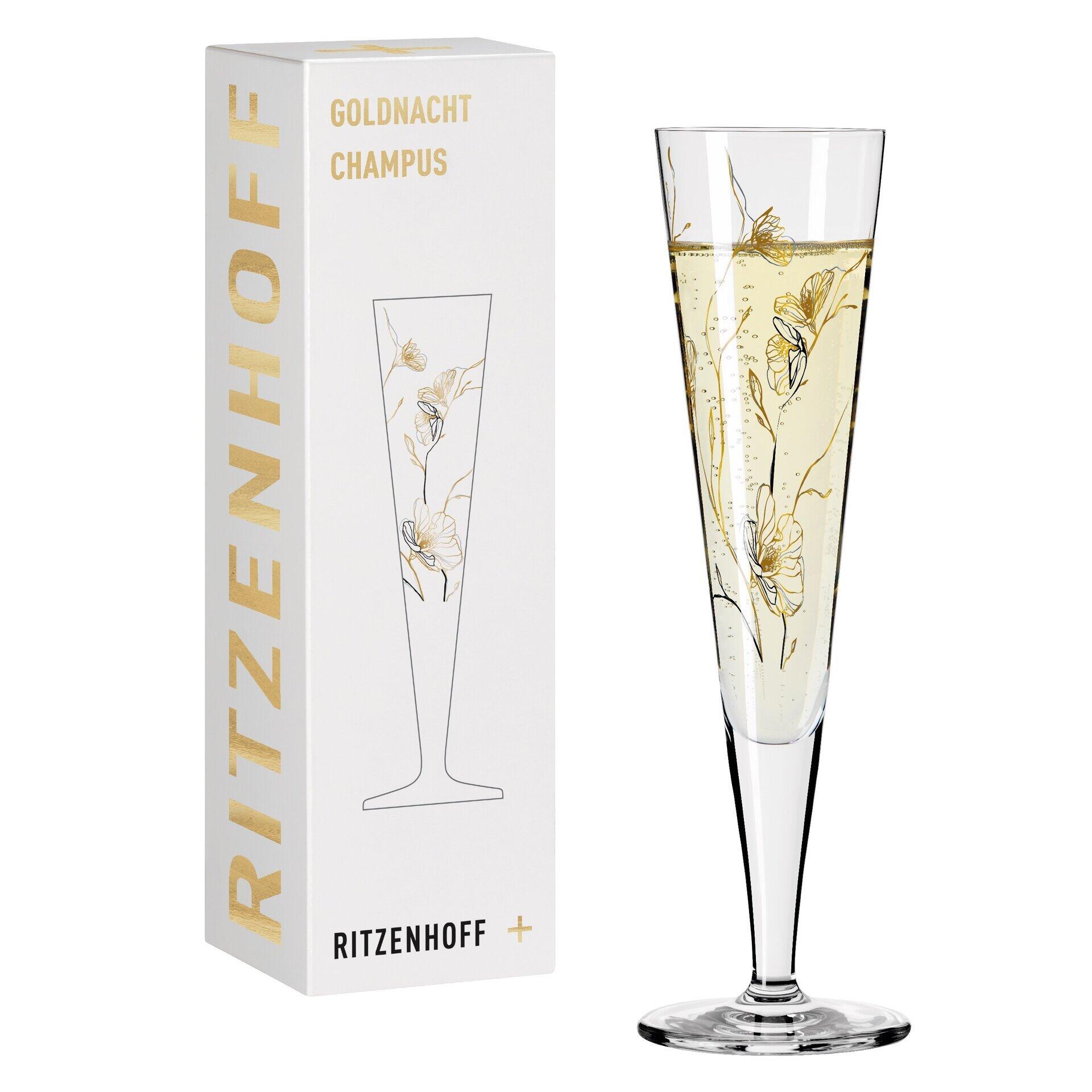 Champagnerglas mit schlanker, konischer Form und elegantem Stiel, präsentiert in einer Geschenkbox mit "GOLDNACHT" und "RITZENHOFF" Aufdruck.