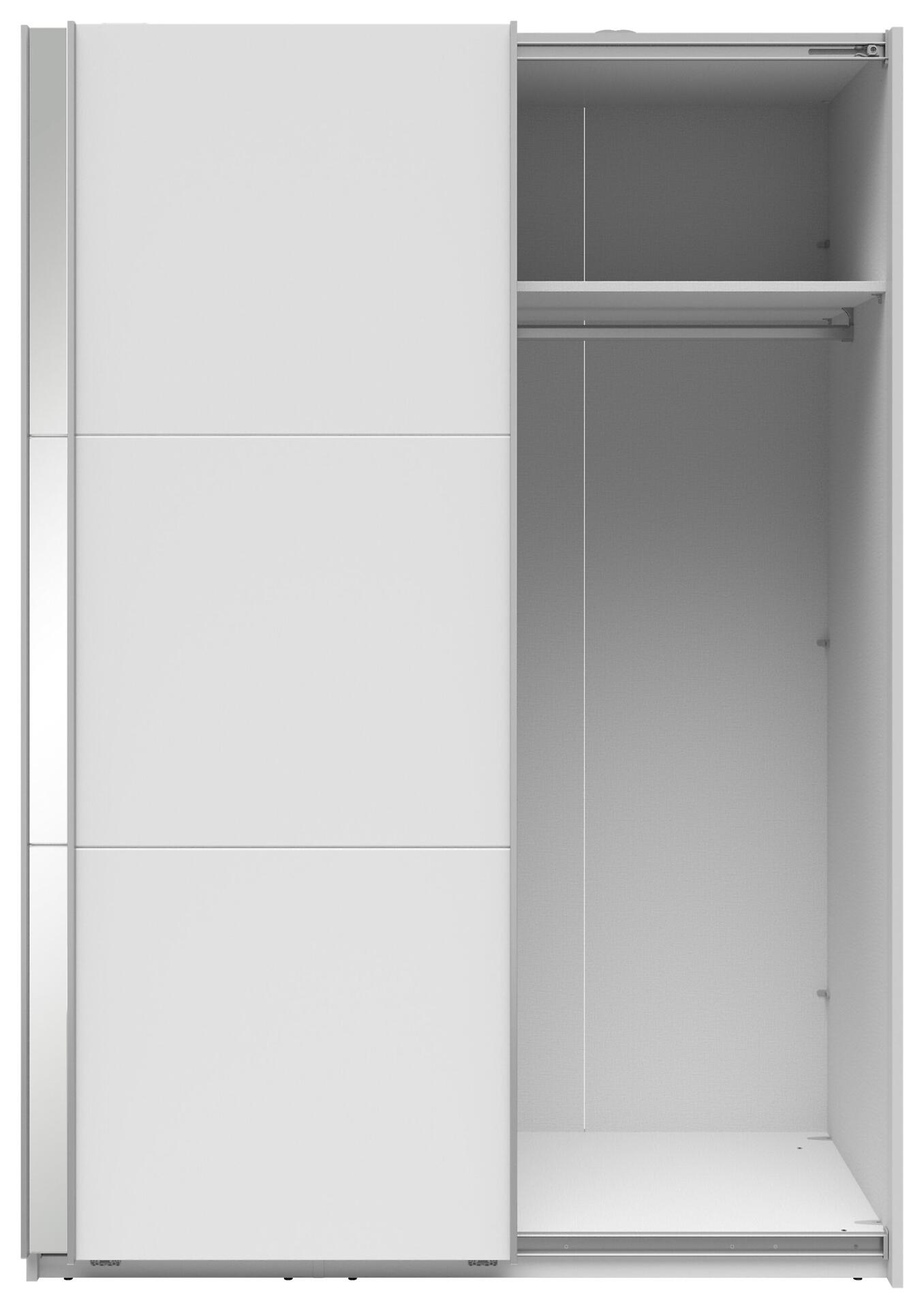 Schwebetürenschrank Neo mit Innenansicht einer Kleiderstange und Einlegeboden für vertikale Stauraumaufteilung.