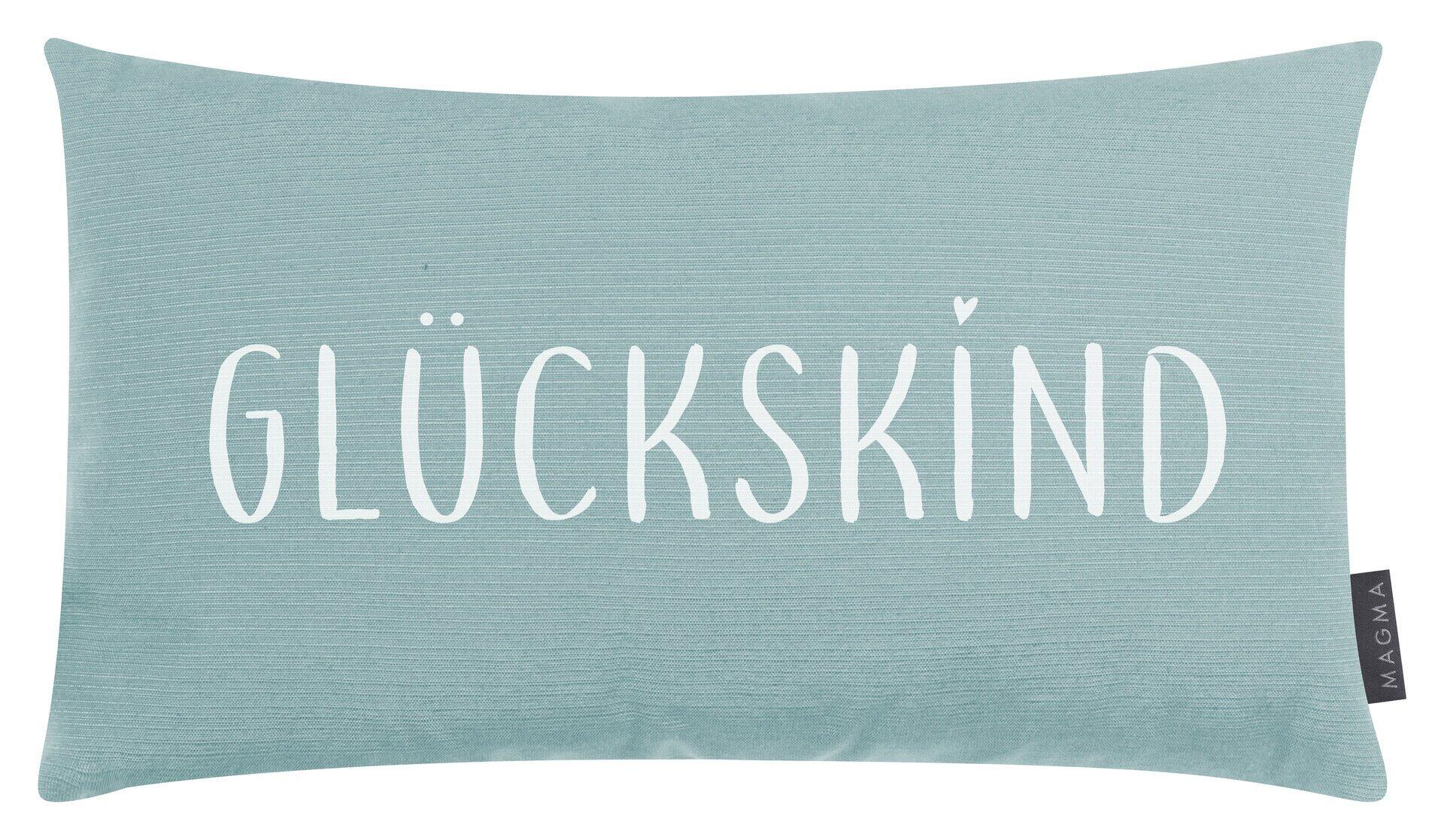 Rechteckiges Kissen Glückskind Fino in mintgrün mit weißem Aufdruck "GLÜCKsKIND" und kleinem Etikett.