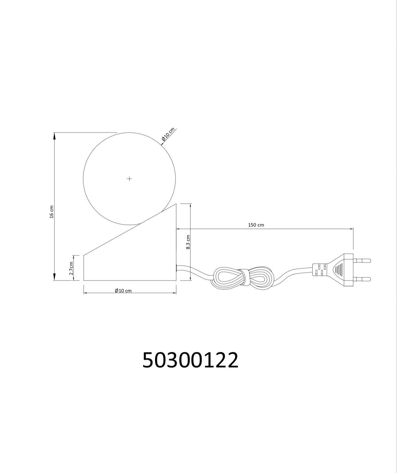 Technische Zeichnung der Tischleuchte ALISA mit Glasglaskugel, Ø10cm Schirm, zylindrischem Leuchtenkörper mit den Maßen 2,7cm x 10cm und 8,3cm x 10cm sowie 150cm Kabel und Stecker.