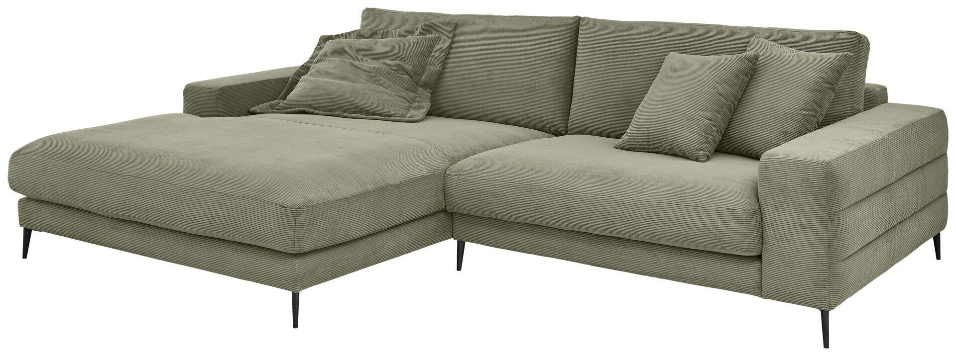 Eckcouch Badia Base 2.0 in Graugrün mit Metallfuß in Schwarz und modularer Schrankseite zur Eckbildung.