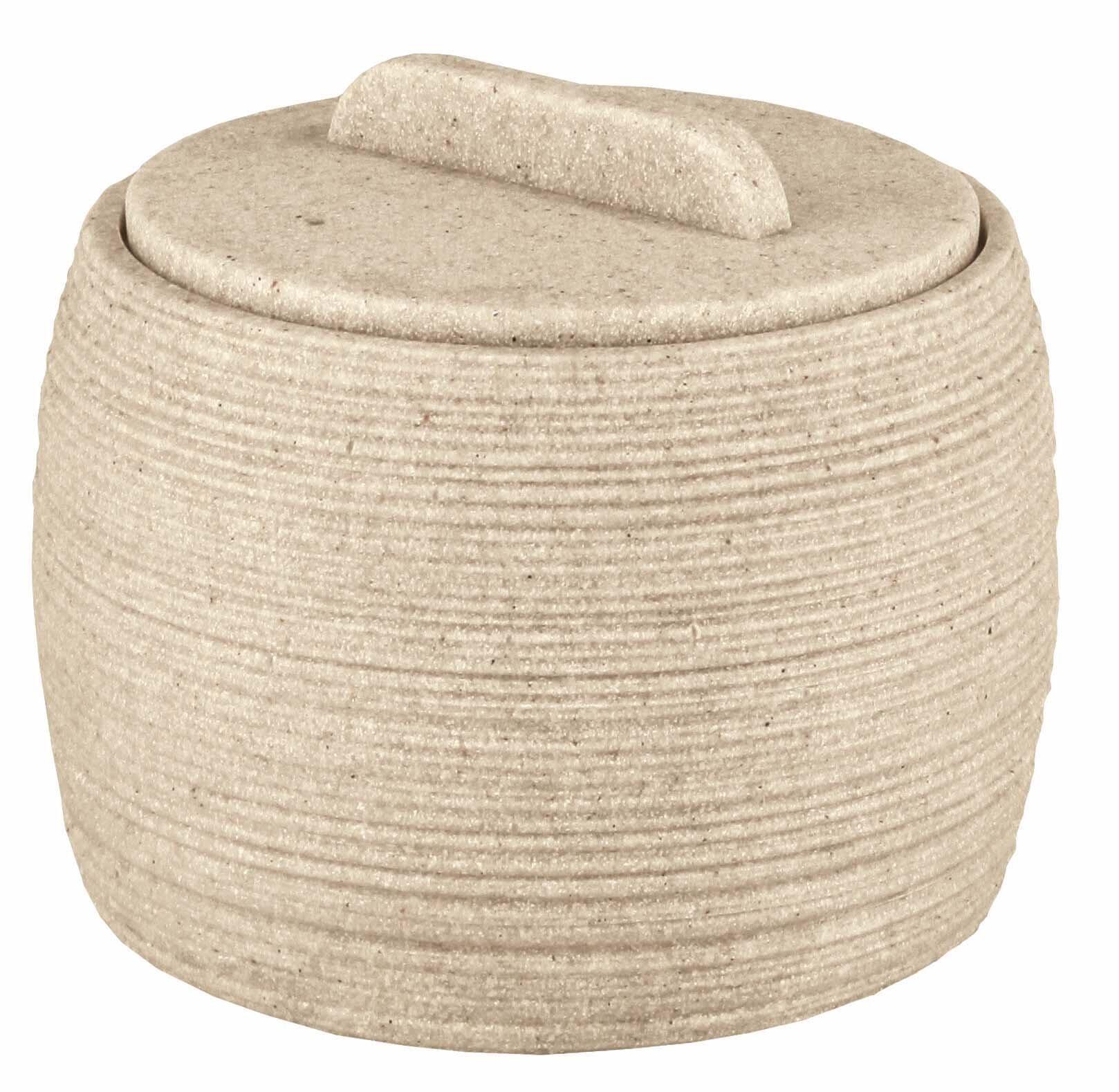 Aufbewahrungsbehälter Wattedose Sand mit zylindrischer Form, horizontal geriffelter Oberfläche und passendem Deckel zur Aufbewahrung kleiner Gegenstände.