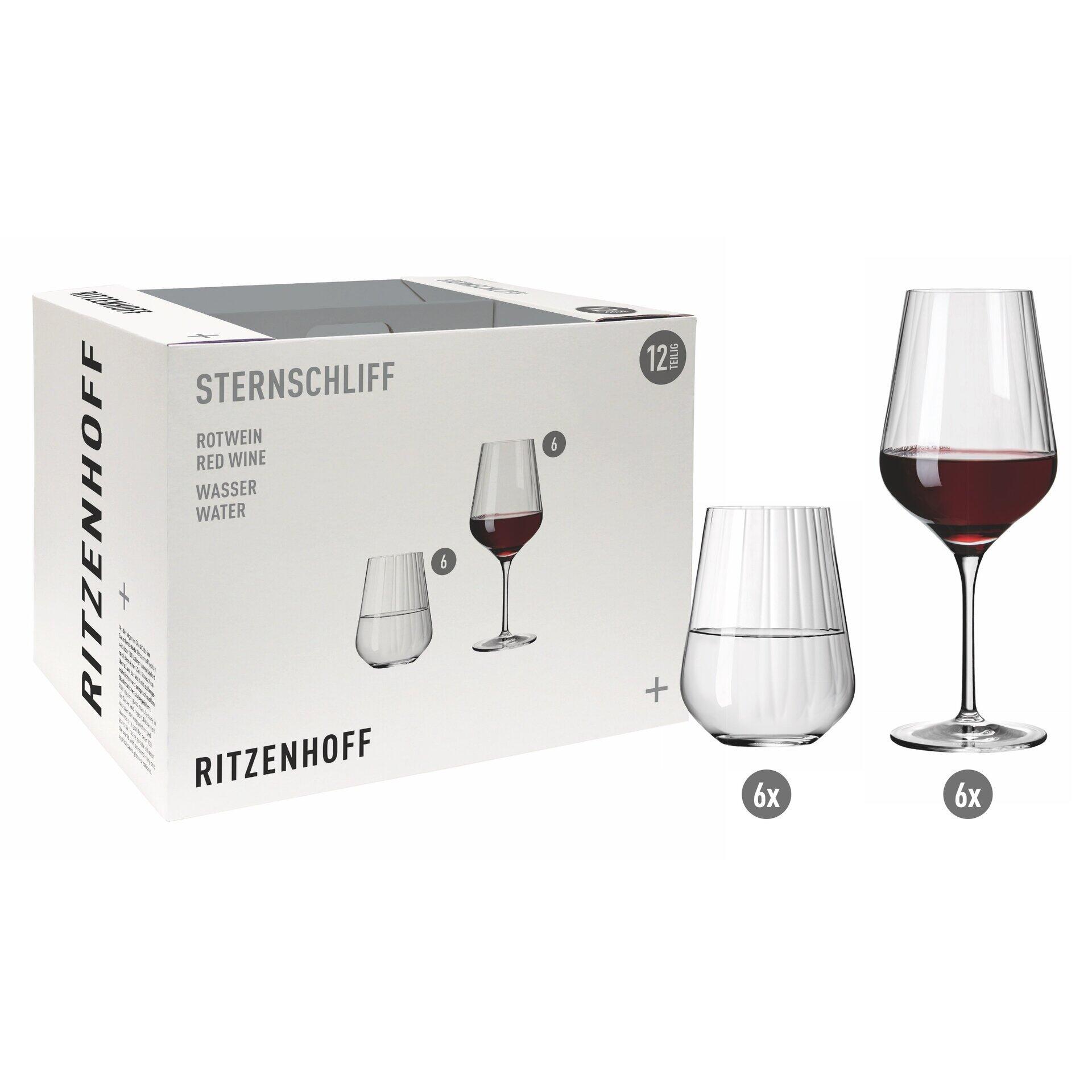 Rotwein- und Wasserglas-Set mit reliefierter, geriffelter Oberfläche und elegantem Stiel, dargestellt mit Rotwein gefülltem Glas zur Demonstration der Form und Volumen, sowie weitere Gläser mit Wasser und Produktbox im Hintergrund.