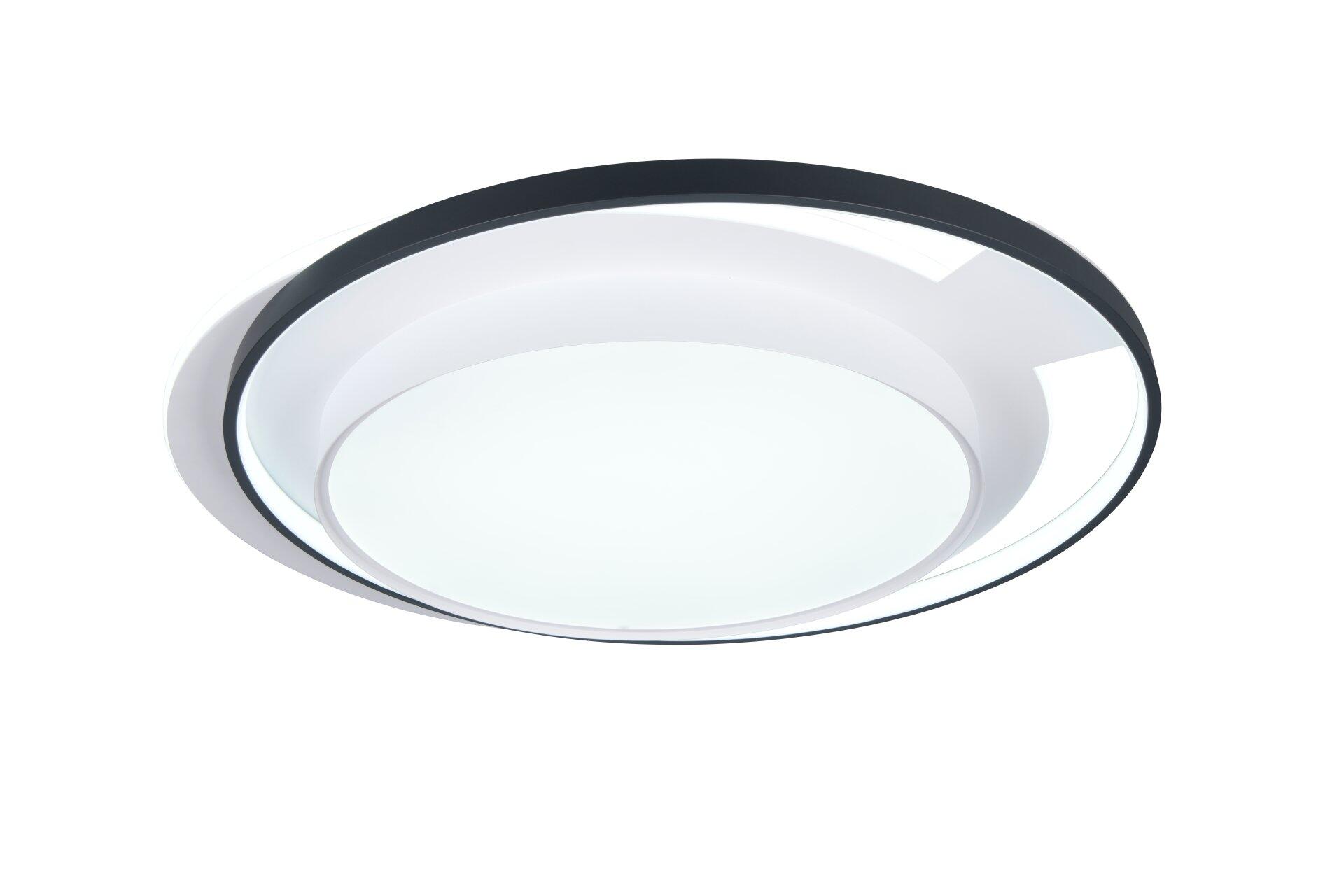 Deckenleuchte Ceru mit schwarzem Rahmen, weißem Lichtkörper und silbernem Akzentring, die ein diffuses Licht ausstrahlt.