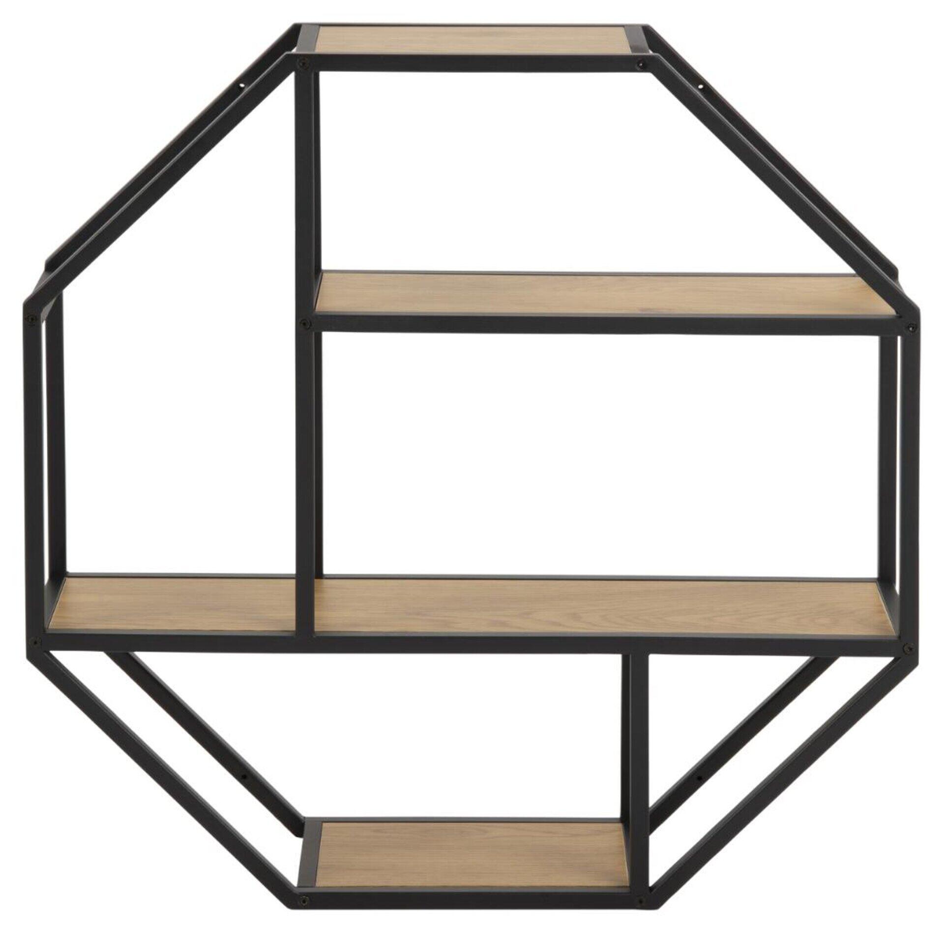 Sechseckiges Wandregal Seaford mit schwarzem Metallrahmen und drei hellen Holzbrettern, asymmetrisch angeordnet und an der Wand befestigt.