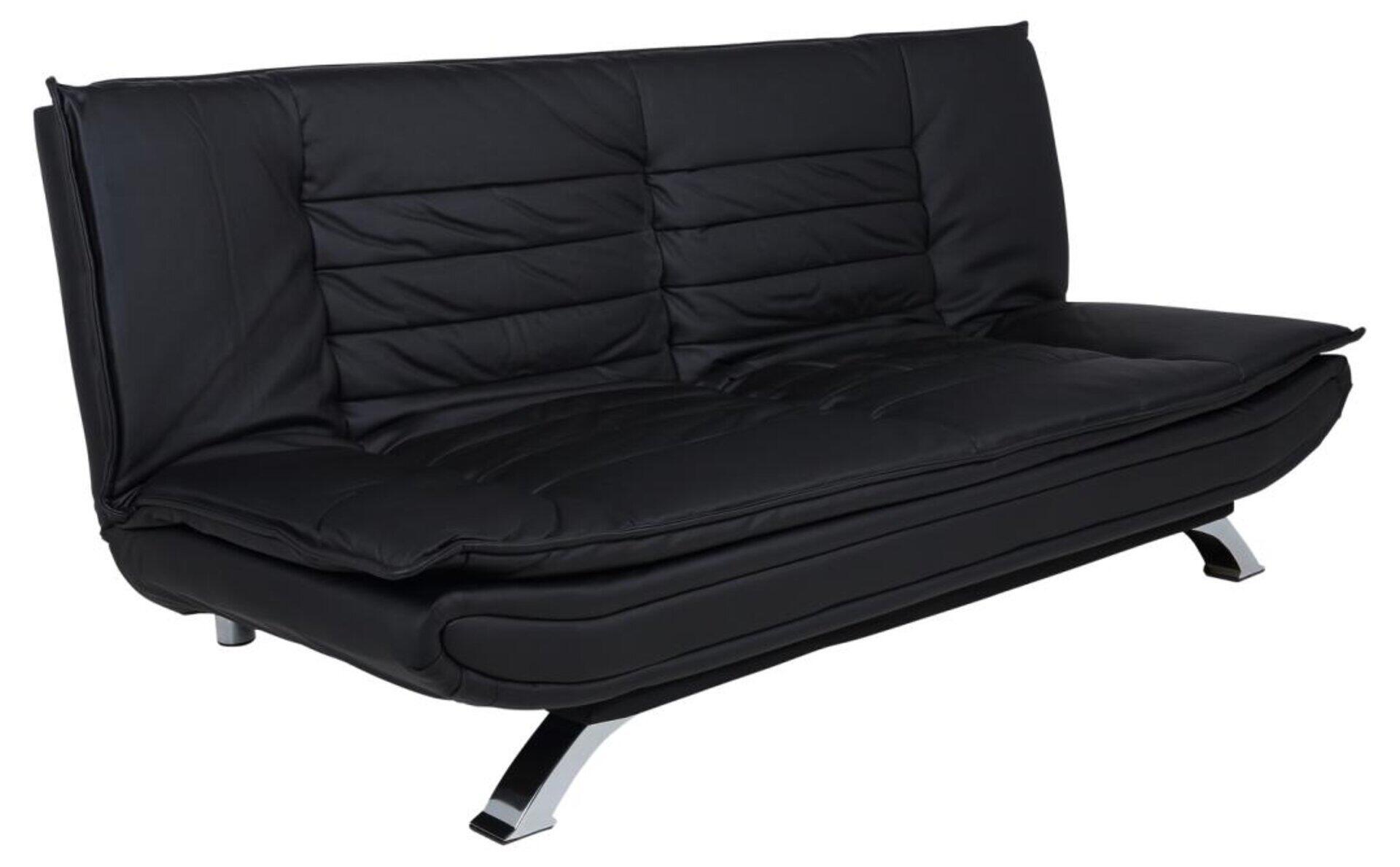 Schlafsofa Faith in Schwarz mit Chromstahl-Gestell und sichtbarer Click & Clack-Mechanik in leicht geöffnetem Zustand.