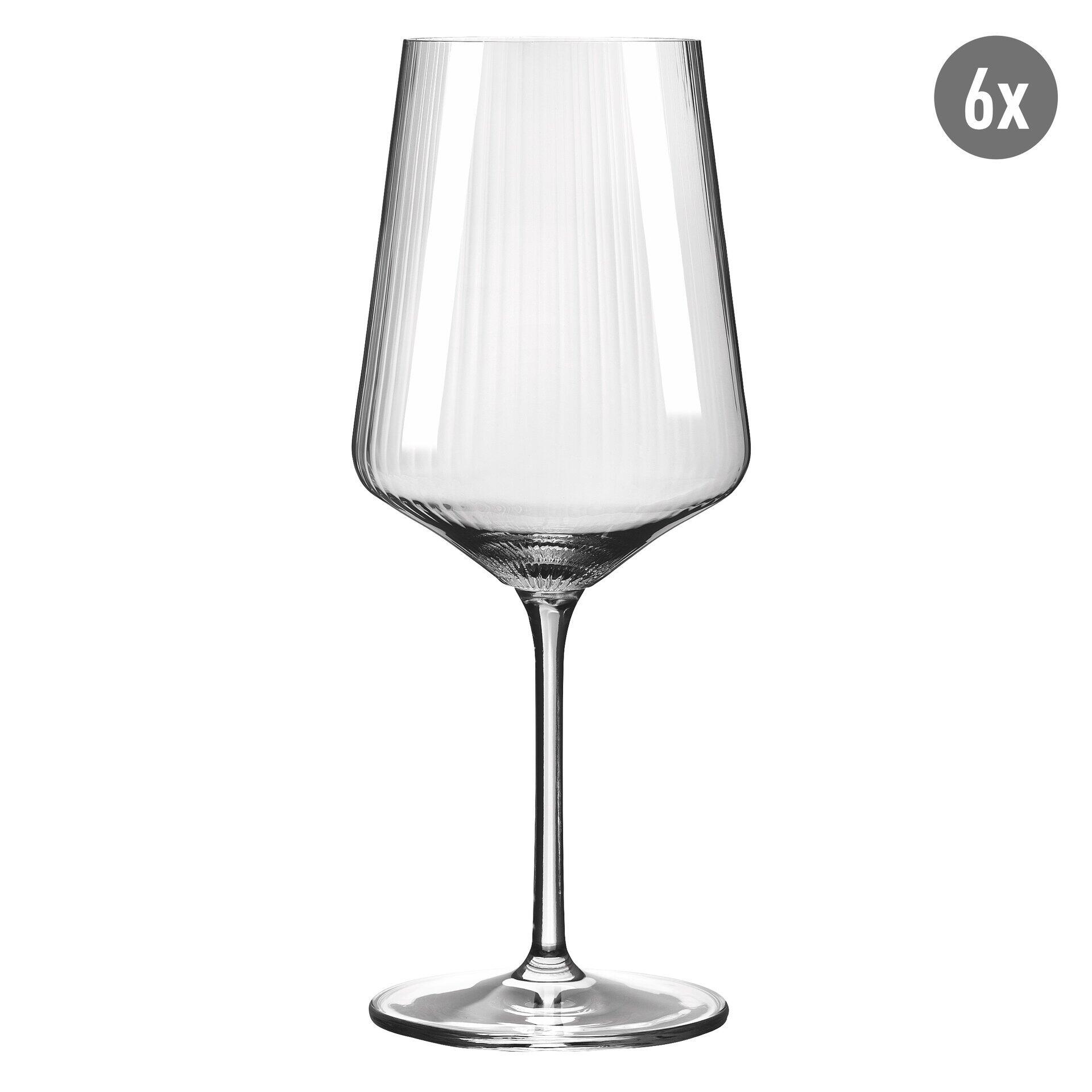 Weinglas-Set: stilisiertes Weinflaschengoblet mit schlankem Design, konischem Korpus und vertikalen Rillen, aus transparentem Glas.
