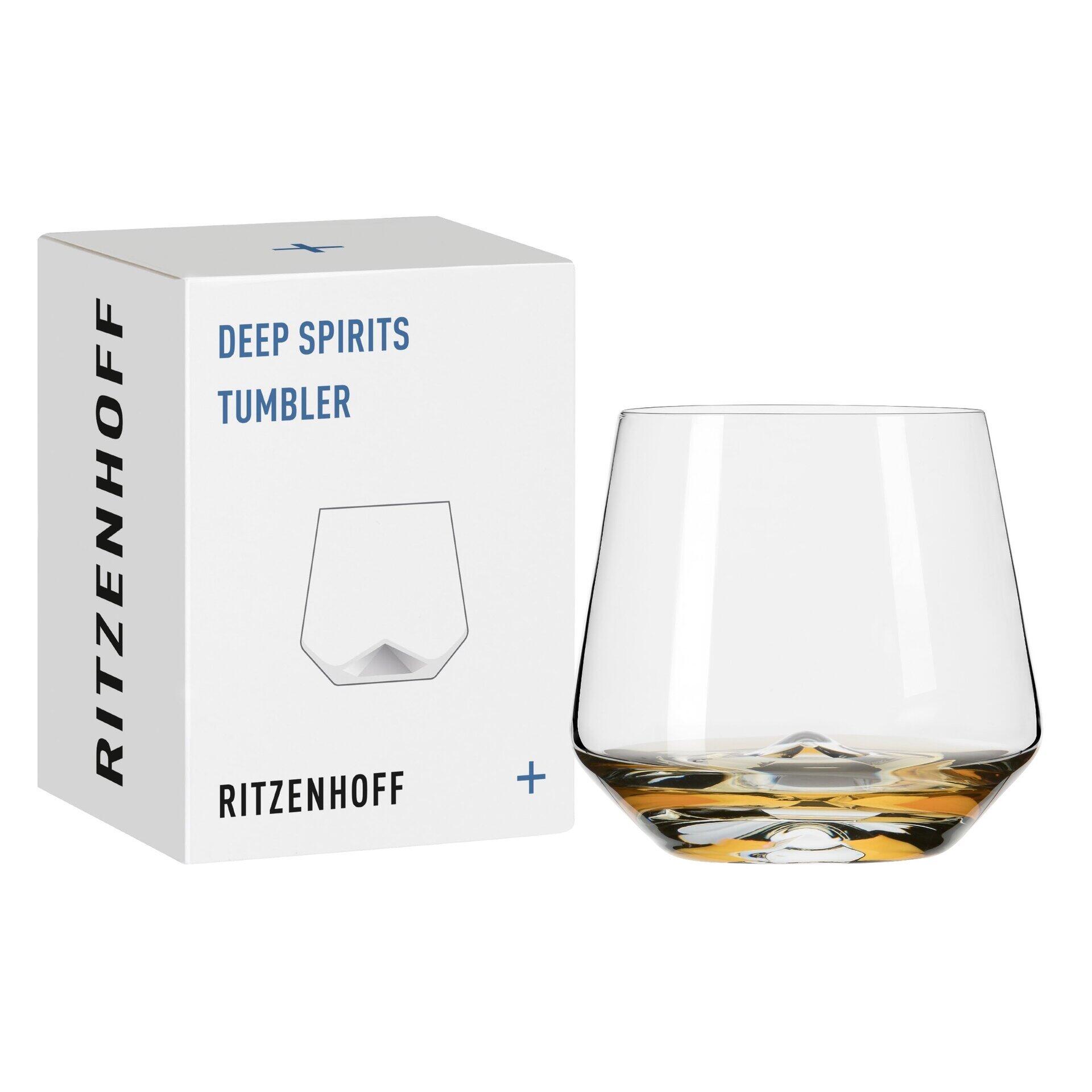 RITZENHOFF Deep Spirits Tumbler: doppelwandiger Whisky Tumbler mit gewölbter Form, gefüllt mit Whiskey und in Geschenkbox.
