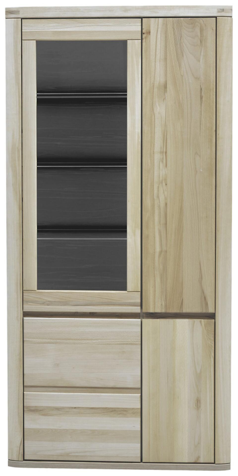 Vitrine Timos mit Glastür links und drei Holztüren, Frontansicht des hohen, hellem Holzmöbels mit drei Glasfächern oben und zwei Schubladen darunter.