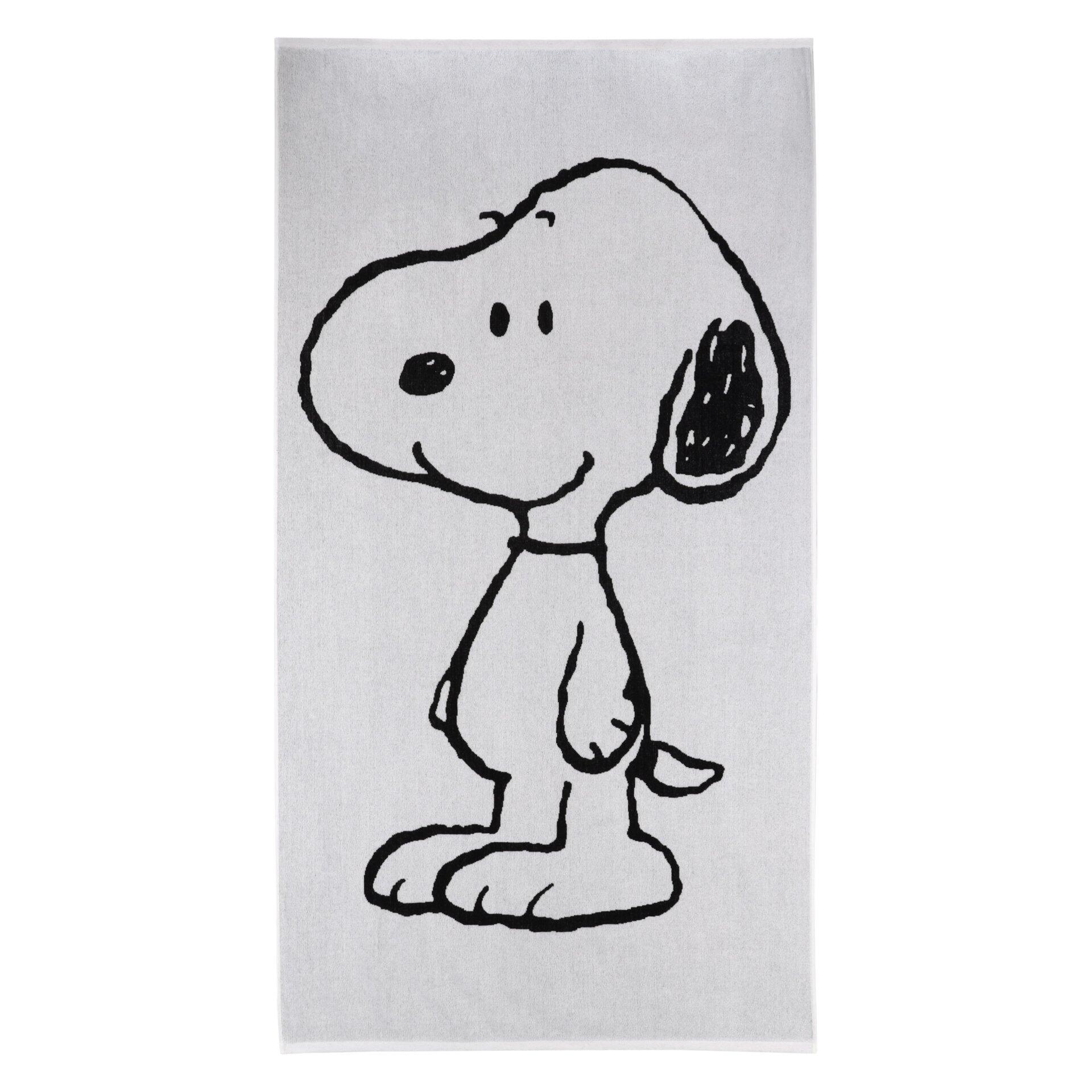 Strandtuch mit einem seitlich dargestellten, stilisierten Motiv des Comic-Hundes Snoopy in Schwarz-Weiß auf hellem Hintergrund.