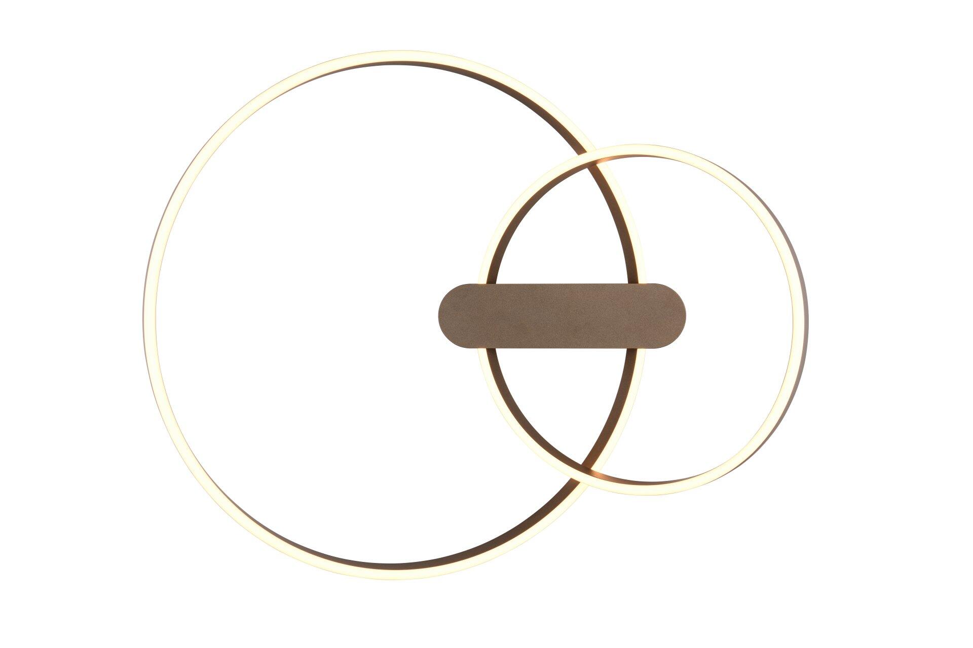 Deckenleuchte Isander mit zwei golden leuchtenden, ovalen Ringbändern und zentralem Bedienelement, dargestellt in einer Frontalperspektive.