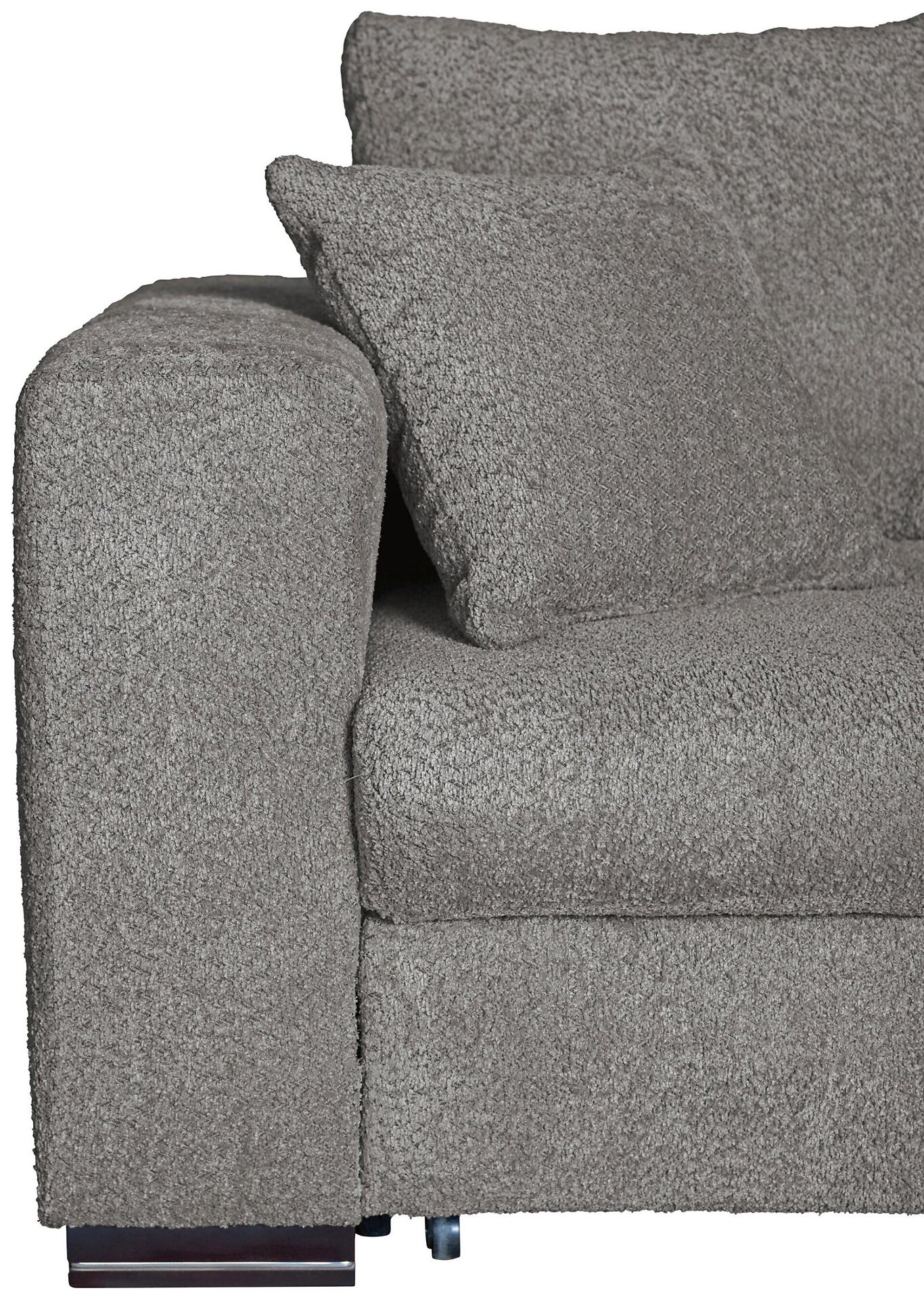 Ecksofa Malmo in Grau mit eckiger Armlehne, flauschigem Teddyfell-Bezug und passendem Kissen, das eine niedrige Sitzhöhe betont.