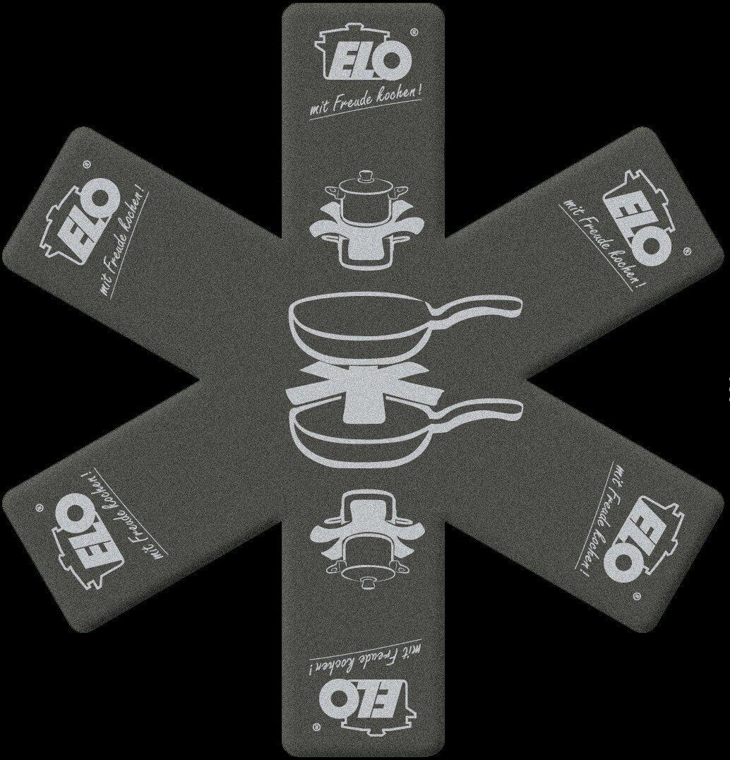ELO-Zubehör-Set mit zwei Stapelschutzdeckeln, Vogelperspektive mit Produktpräsentation eines Kochtopfes und verschiedenen Detailansichten.