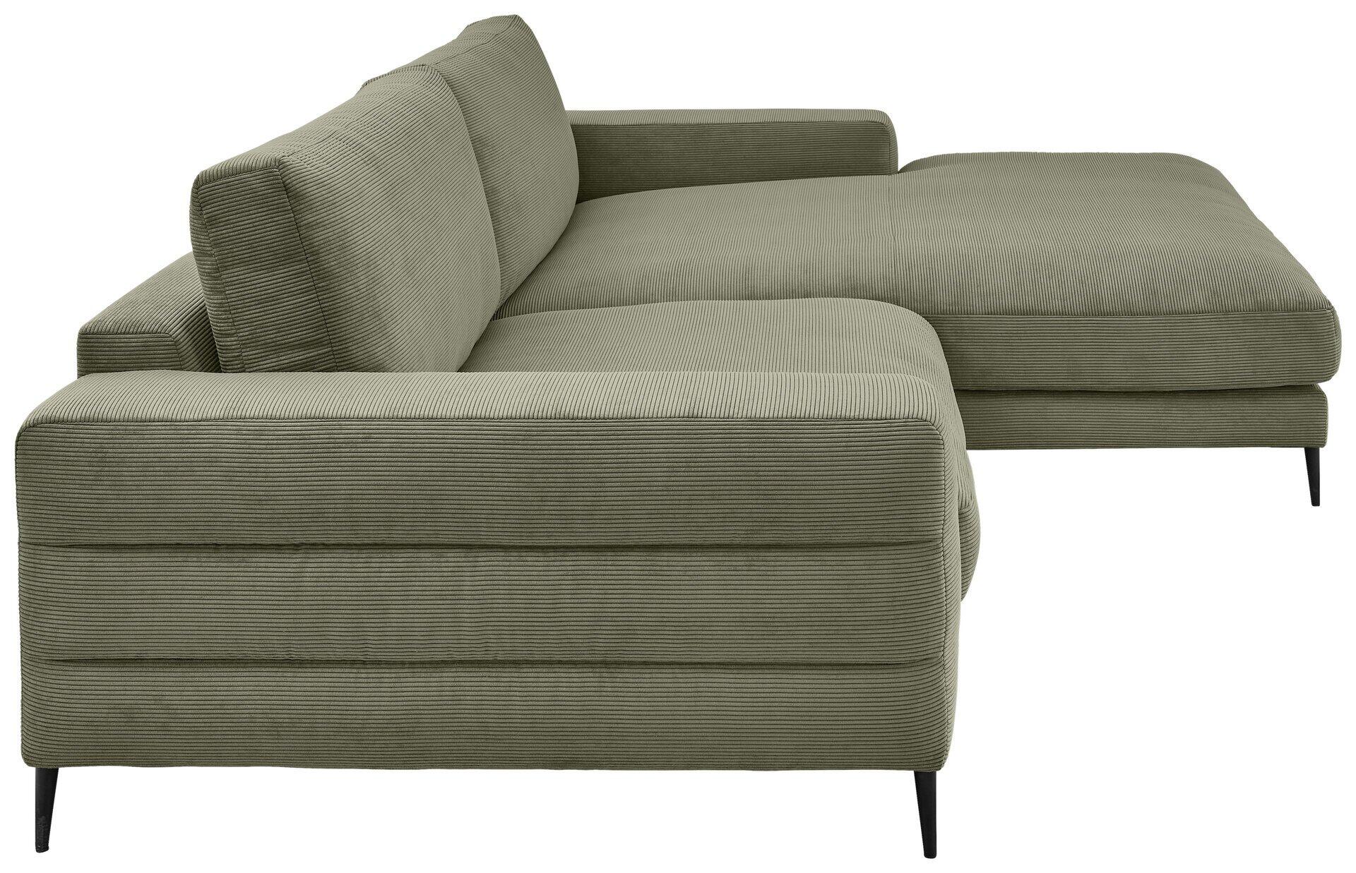 Dreiteilige Eckcouch Badia Base 2.0 in Dunkelgrün mit schwarzen, schmalen Metallfüßen und abgesetzten Rückenlehnen, die eine L-Form bildet und eine flache Liegefläche bietet.