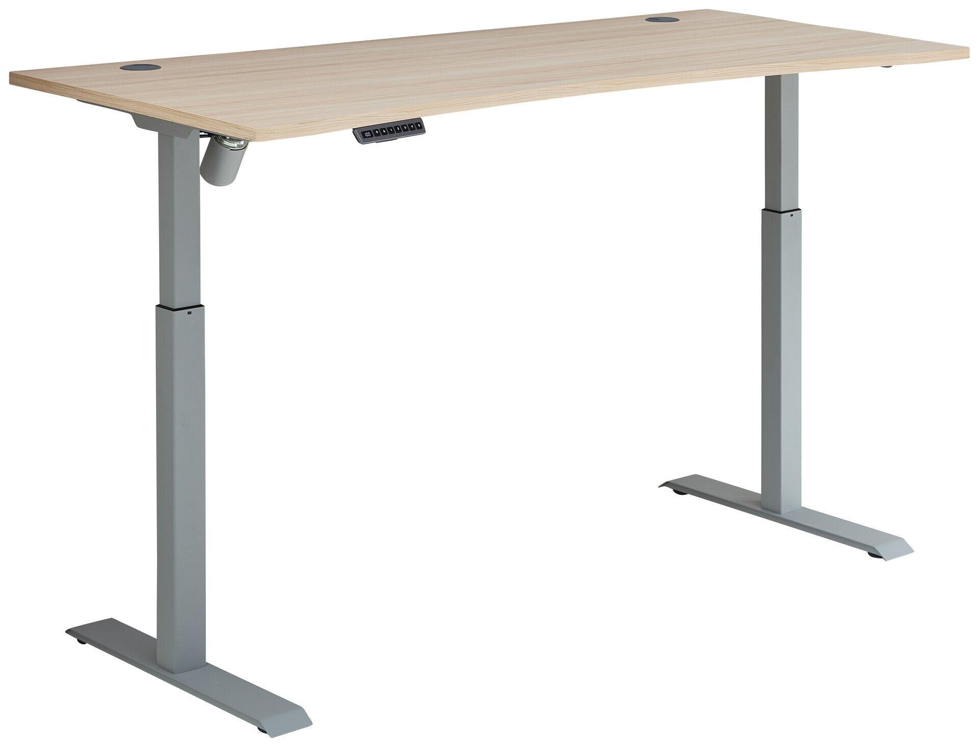 Steuerbarer, höhenverstellbarer Schreibtisch Basel-G mit L-förmigem Metallgestell und Bedienelement zur Höhenanpassung, Blickwinkel frontal.
