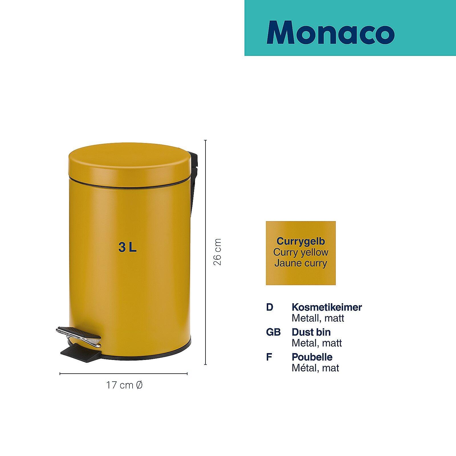 Kosmetikeimer Monaco mit Pedalmechanismus und Deckel, currygelb und matt gehalten, mit aufgedrucktem "3L"-Schriftzug.