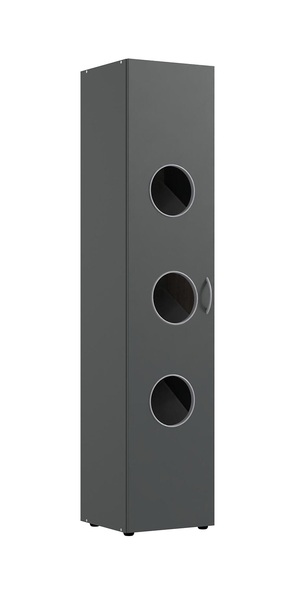 Wäscheschrank mit drei kreisrunden Öffnungen für Wäscheboxen und einer schlichten, modernen Optik.