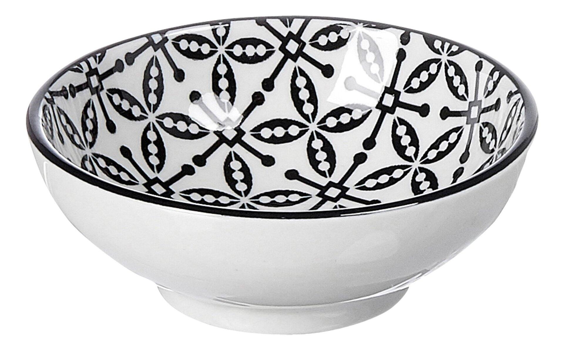 Dekorative Schale Takeo Leaves mit konischer Form, weißem Innenraum und kontrastreichem schwarz-weißem floral-geometrischem Muster auf dem äußeren Rand und Fuß.