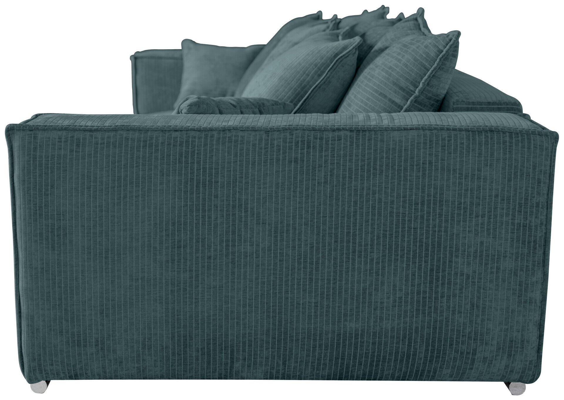 Bigsofa Sky: Dunkelblaues Sofa mit hoher Rückenlehne, chromfarbenen Füßen und vertikaler Struktur.