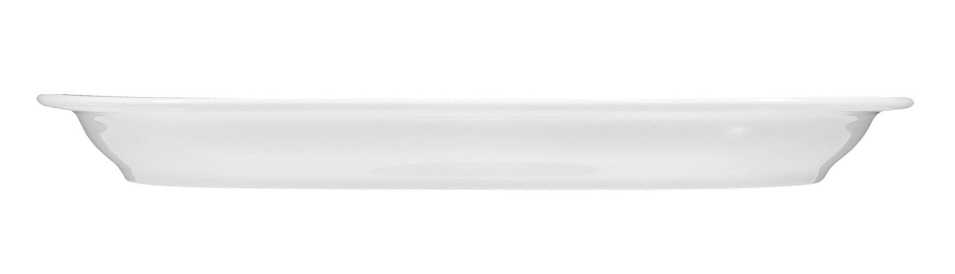 Weiße Servierplatte Compact in Seitenansicht mit leicht erhöhten Rändern und flachem Boden.