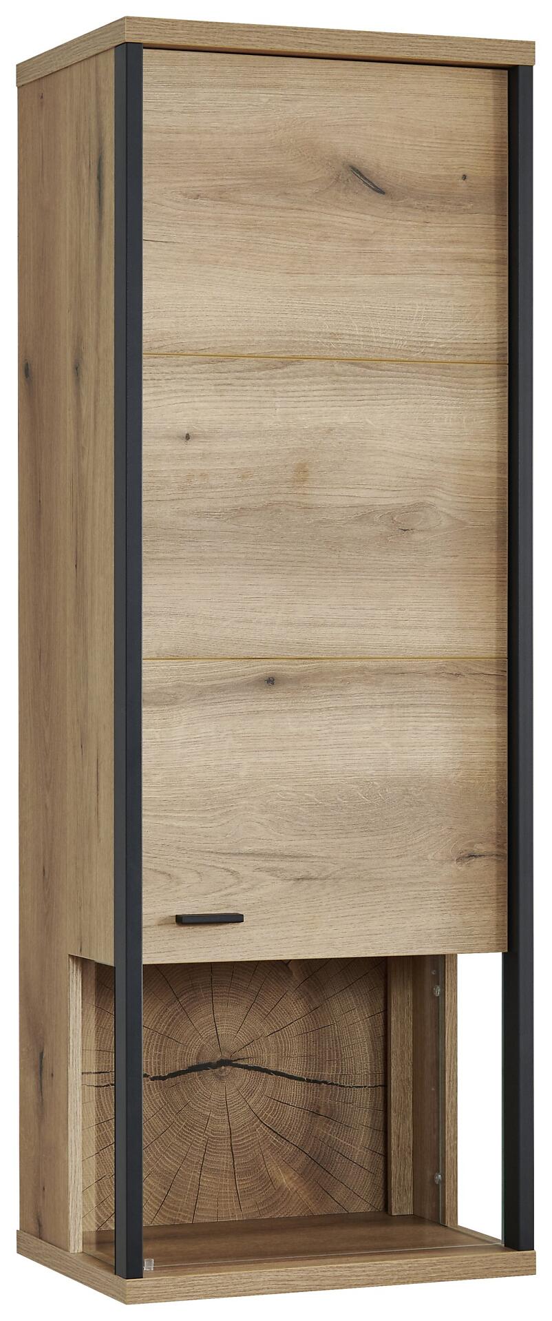 Hängevitrine Melo mit schwarzem Metallrahmen, Glastür, einer Schublade mit integriertem Griff, dekorativer Holzscheibe und offenem Stauraum unterhalb.
