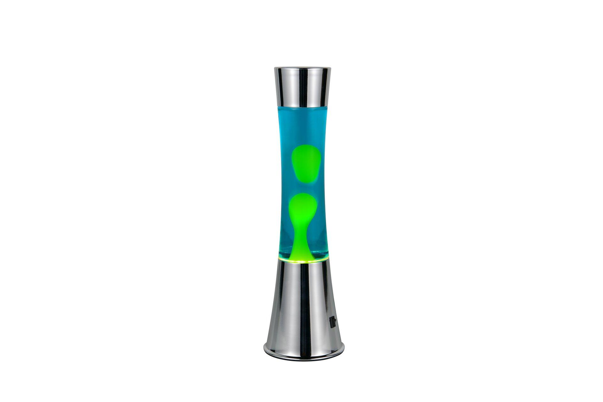 Lava-Lampe Etna mit silberfarbenem Sockel und oberen Rand, zeigt aufsteigende und absteigende Blasen in blau-grüner Flüssigkeit.