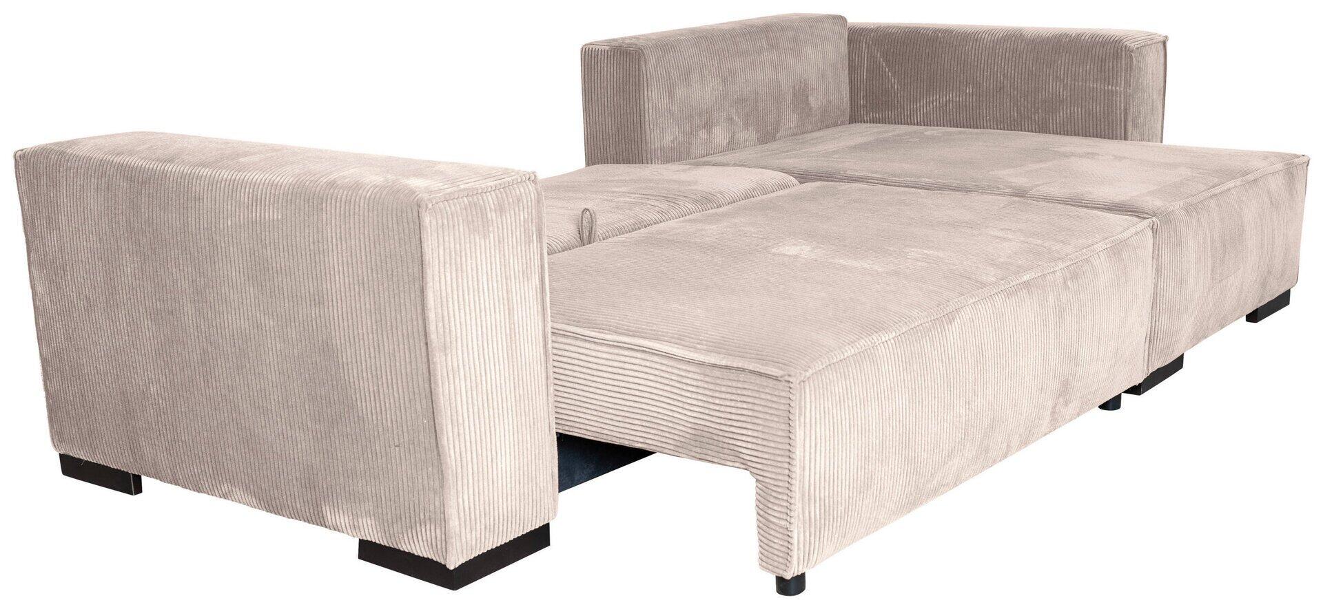 Ecksofa Mango mit hochgeklappter Sitzfläche zur Demonstration der Schlaffunktion und Detailansicht des hellgrauen, strukturierten Stoffes.