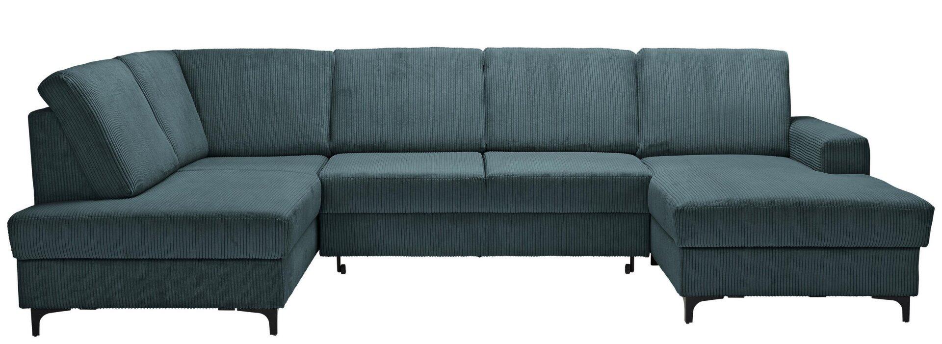 Wohnlandschaft Balina in Dunkelblau-Grün mit Winkelfüßen, abnehmbarem Fußhocker und segmentierten Kissen für flexible Sitz- und Liegefläche.