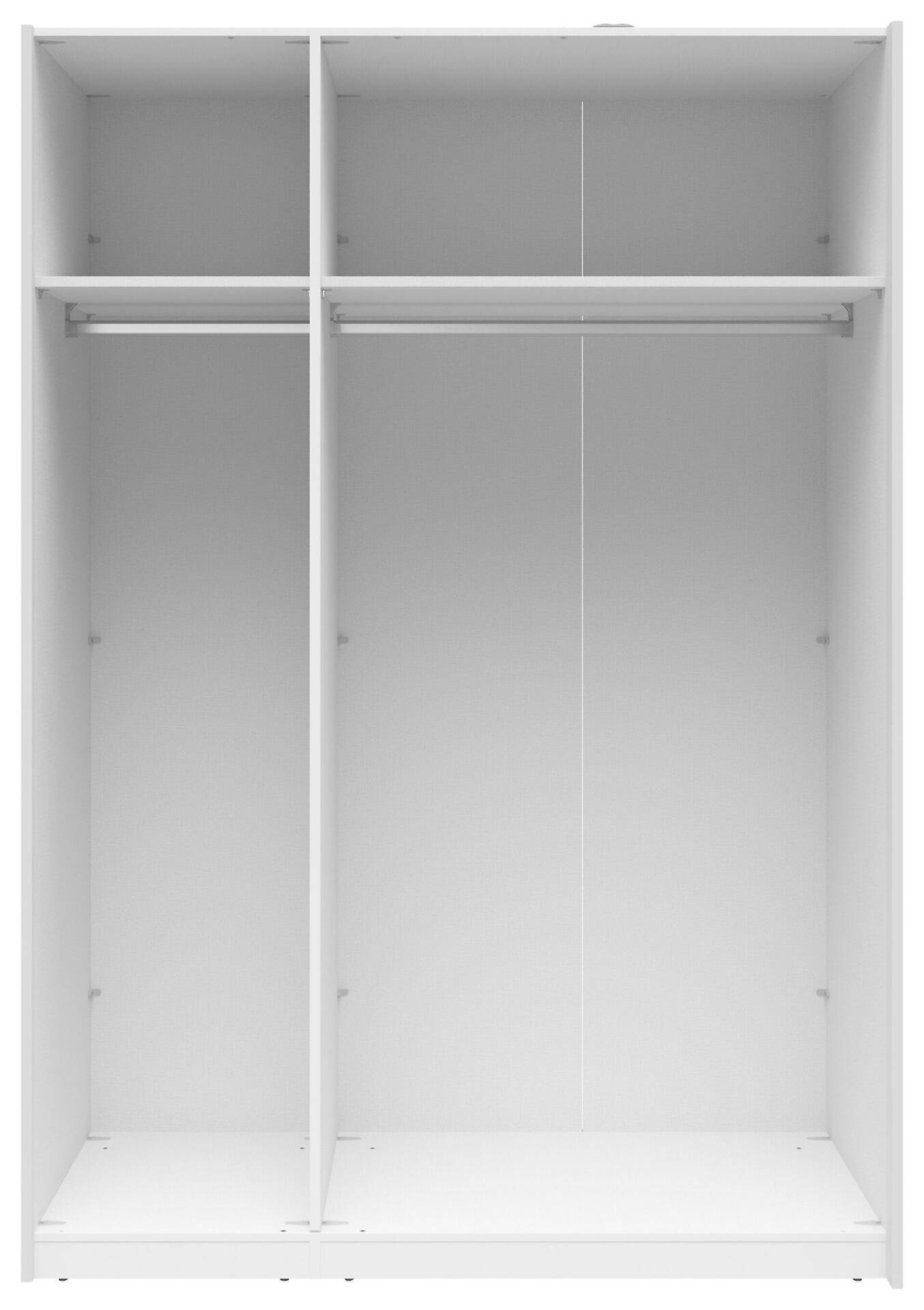 Schwebetürenschrank Neo mit zwei Innenabteilungen, einer Kleiderstange und verstellbaren Regalböden, aus der Vogelperspektive sichtbar.