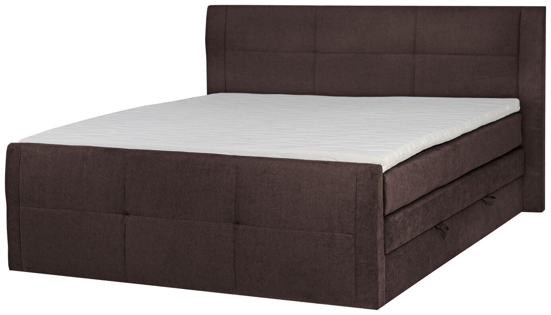 Boxspringbett Limos 2 mit dunkelbraunem Karos-Bezug und integriertem Bettkasten, geöffnet zur Demonstration des Stauraums, aus Vogelperspektive.