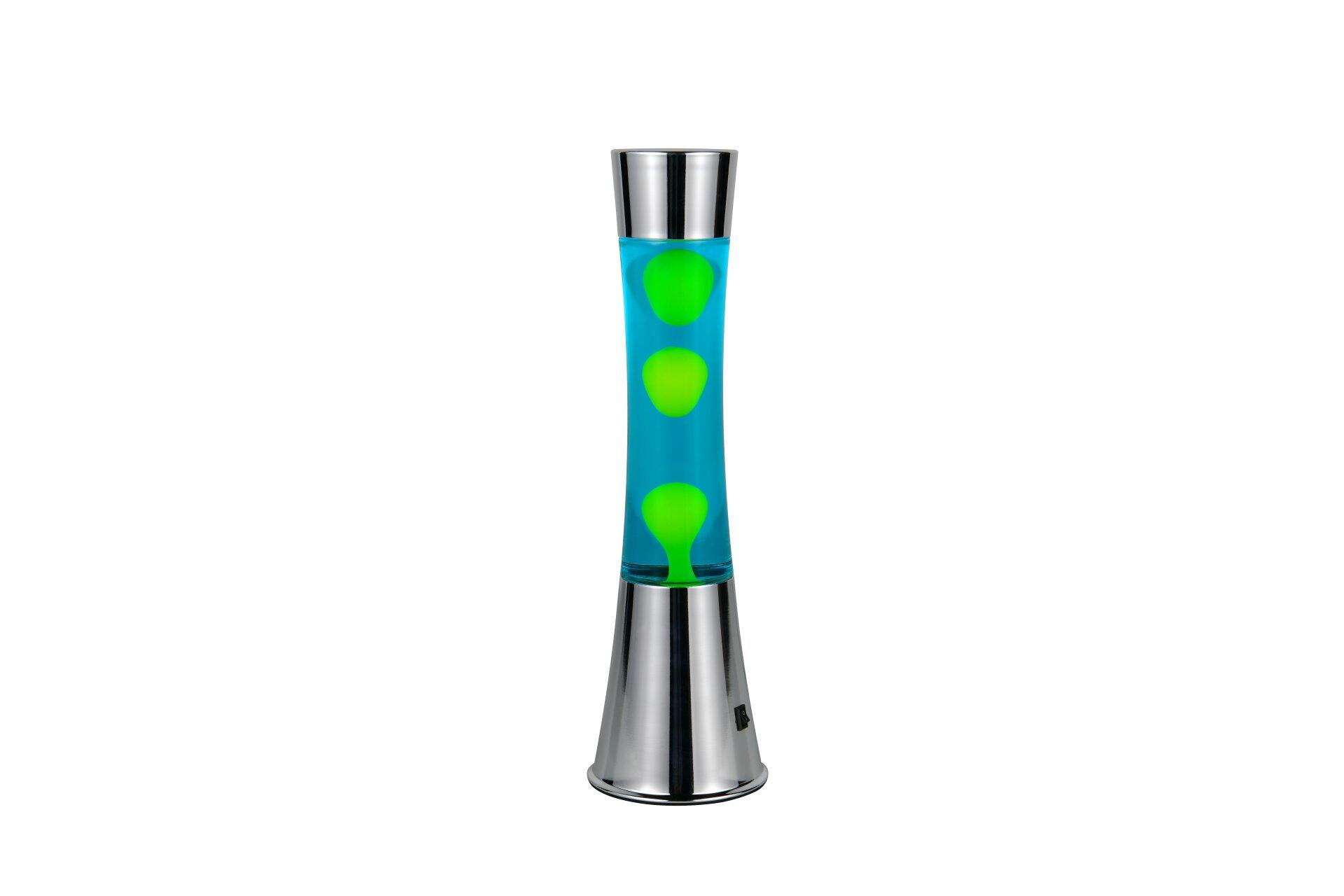 Lava-Lampe Etna mit metallischem Fuß und oberen Rand, die aus einem bläulichen Flüssigkeitsbereich und orange-grünen Lavakugeln besteht, die in unterschiedlichen Höhen aufsteigen.
