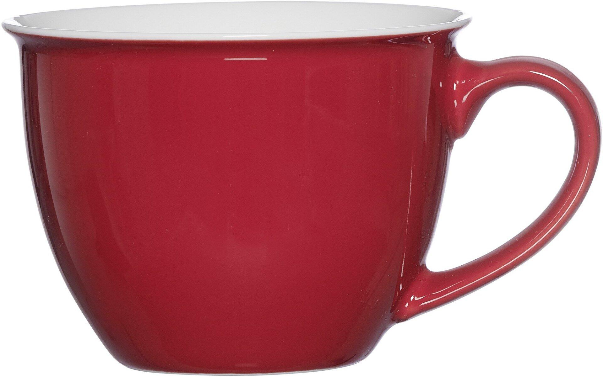 Rote Jumboobere Doppio Tasse von Ritzenhoff & Breker, rund geformt mit breitem Henkel und gewölbter Form, dargestellt in einer detailreichen Dreiviertelperspektive.