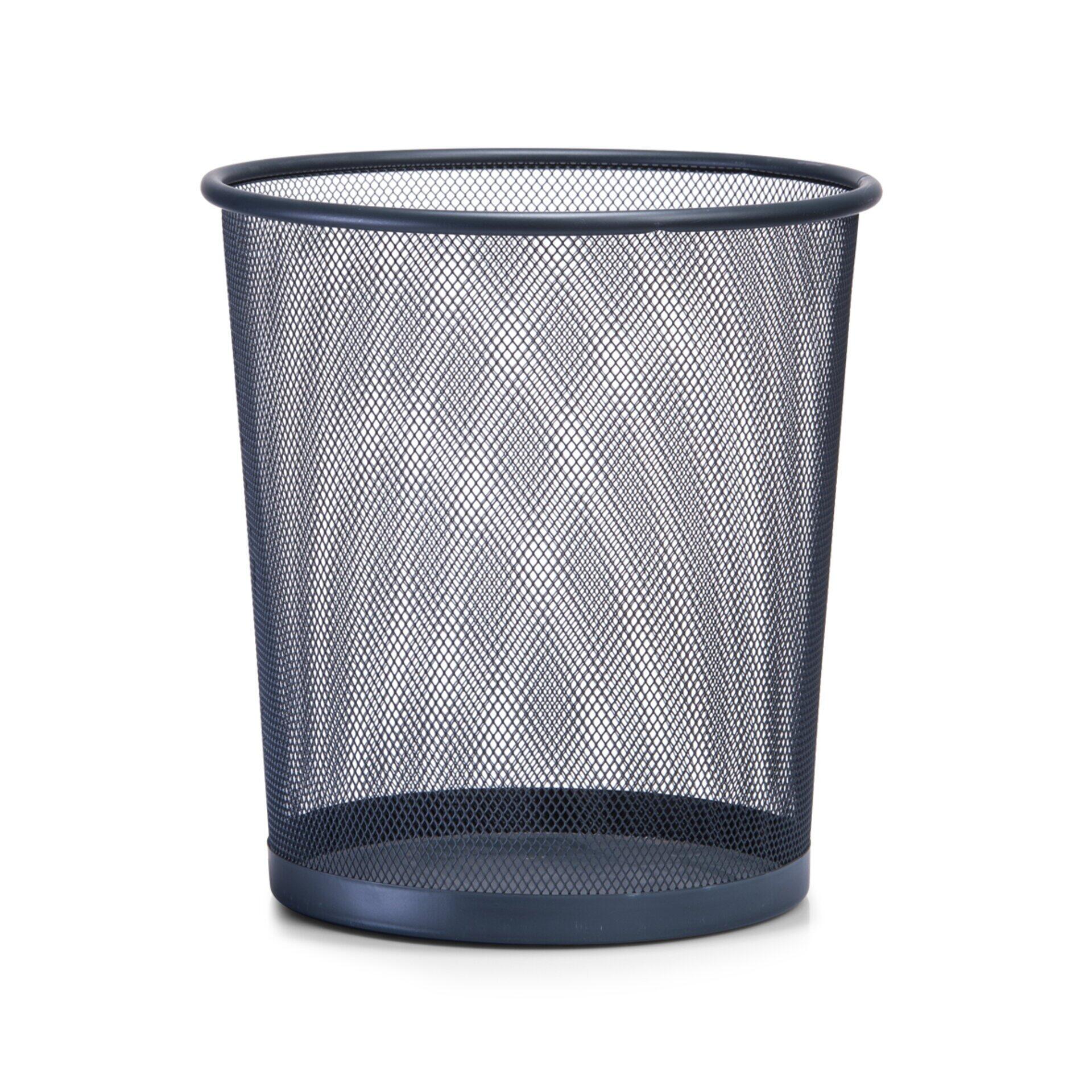 Grauer Metallgitter-Papierkorb mit stabilen Metallrändern und Belüftungsdesign, aus Frontalperspektive und leicht von unten aufgenommen.