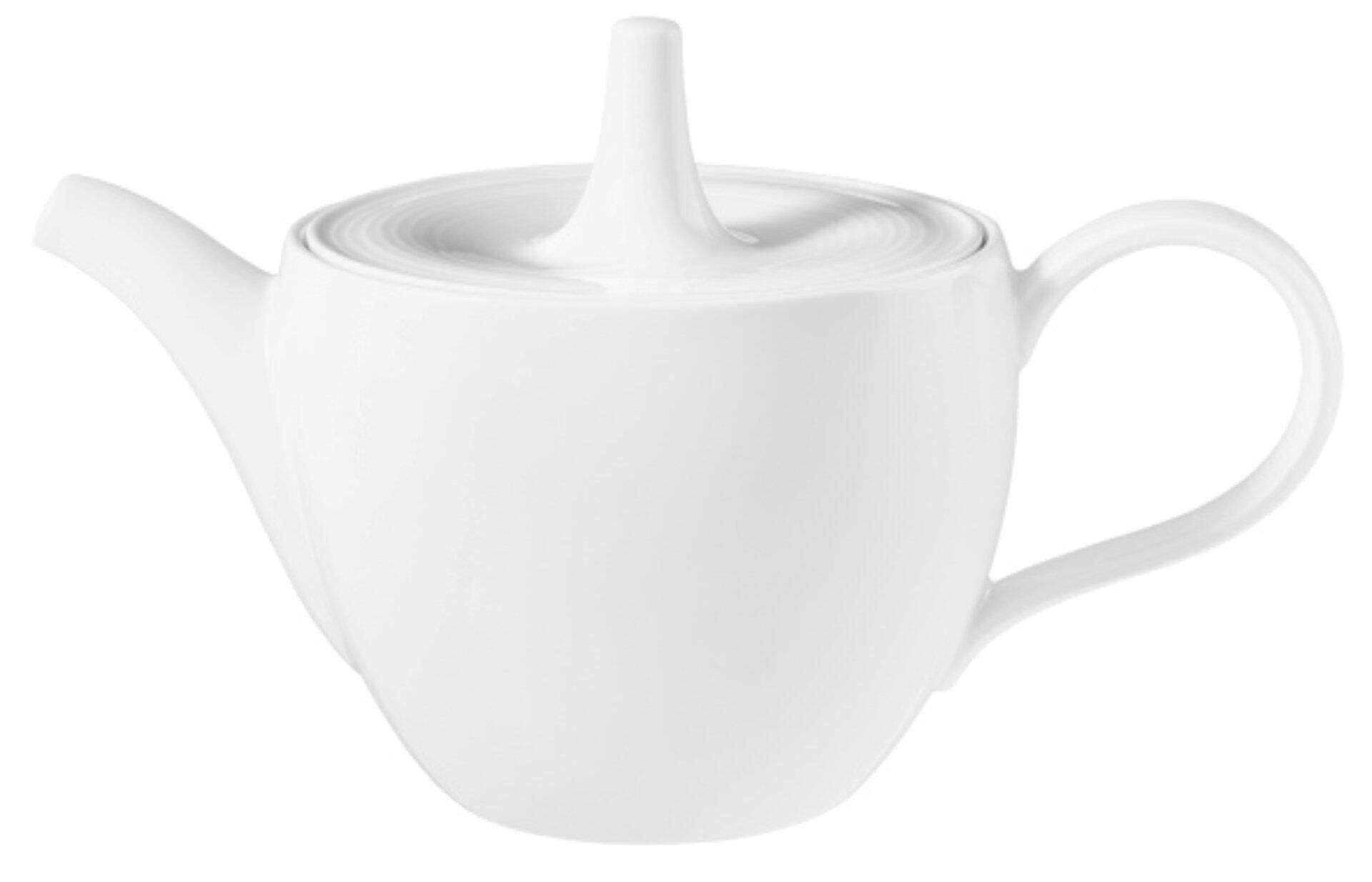 Weiße Keramik-Teekanne "Beat" mit gebogenem Henkel und Deckelknopf, detailreich aus schräger Perspektive dargestellt.