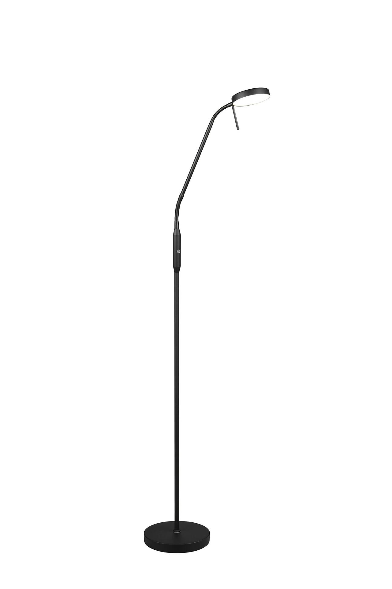 Stehleuchte Moreno mit rundem Fuß, gebogenem Metallstiel und dimmbarem LED-Lampenkopf, wobei der Bedienelement-Knopf am Stiel erkennbar ist.