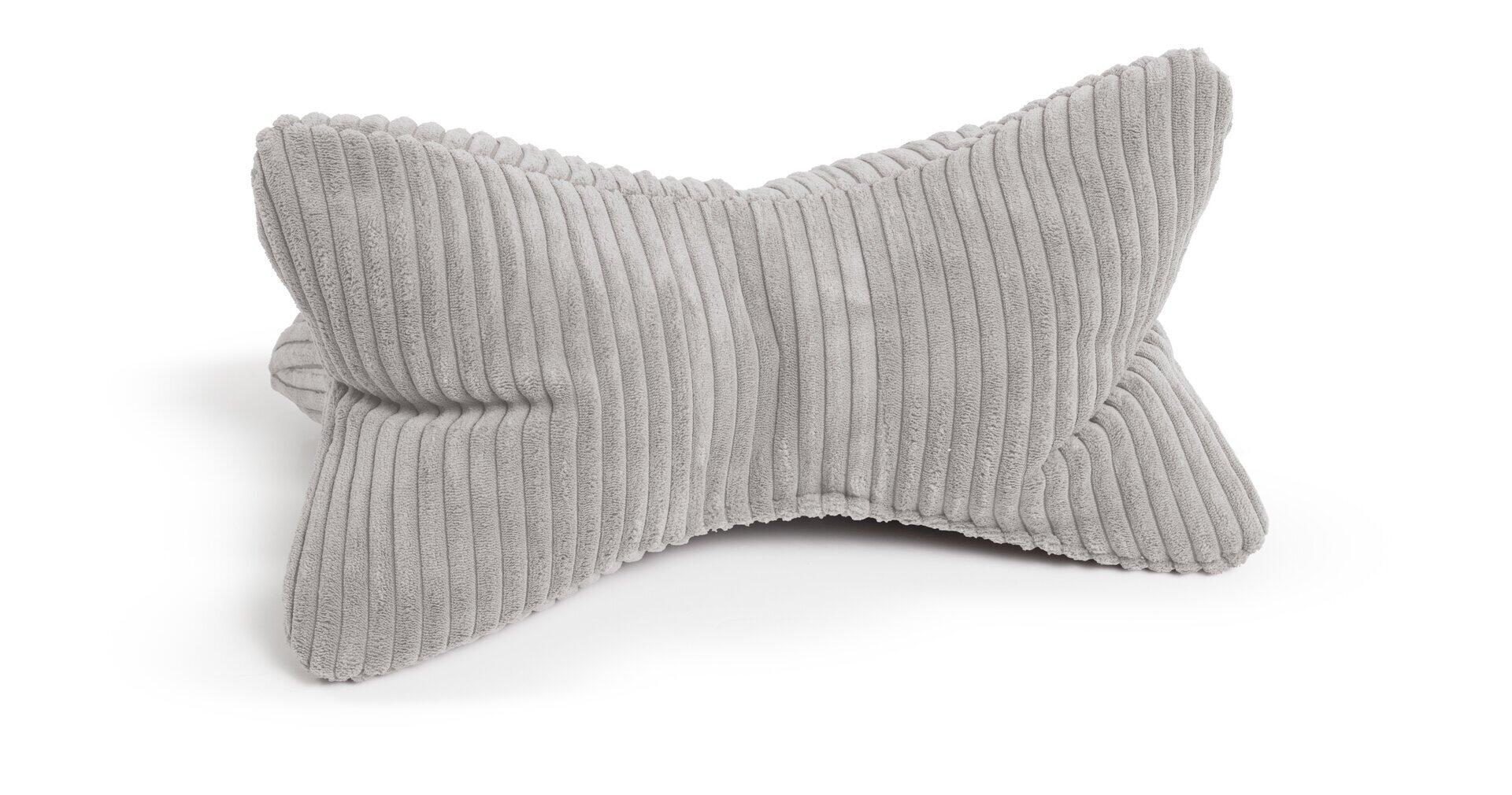 Nackenkissen Leseknochen Shara aus grauem Flauschcord mit ergonomischer Form und markanter Cordstruktur.