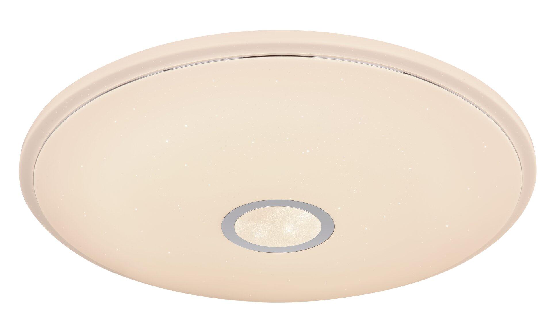 Deckenleuchte CONNOR mit runder, flacher Form und opal Acrylglas, dargestellt im Gegenlicht, welches die helle, ringförmige Lichtquelle und die runde Form betont.