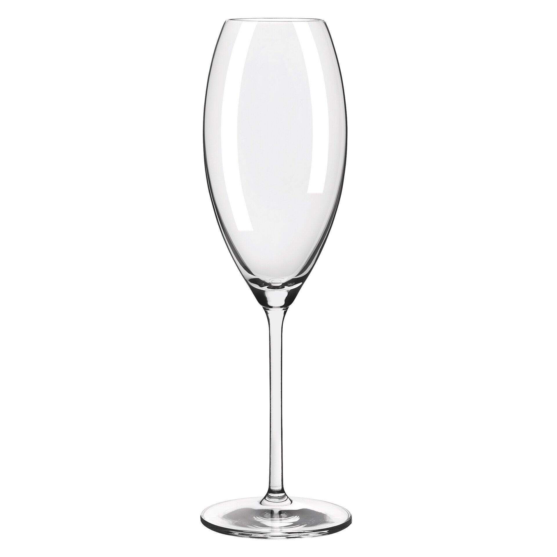 Champagnerglas mit schlankem Design, hohem Kelch und elegantem Stiel, dargestellt vor weißem Hintergrund.