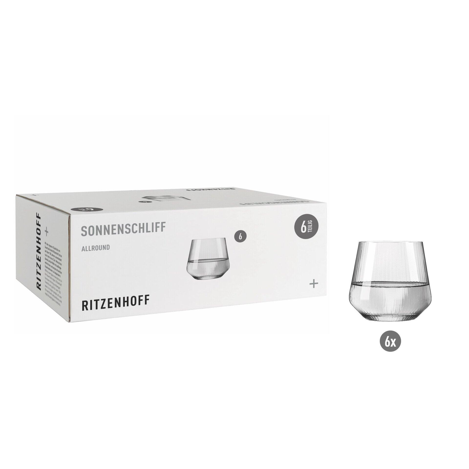 Allroundglas-Set in Geschenkbox: Sechs konisch geformte, transparente Gläser des Herstellers RITZENHOFF, präsentiert in einer modernen, minimalistischen Verpackung.