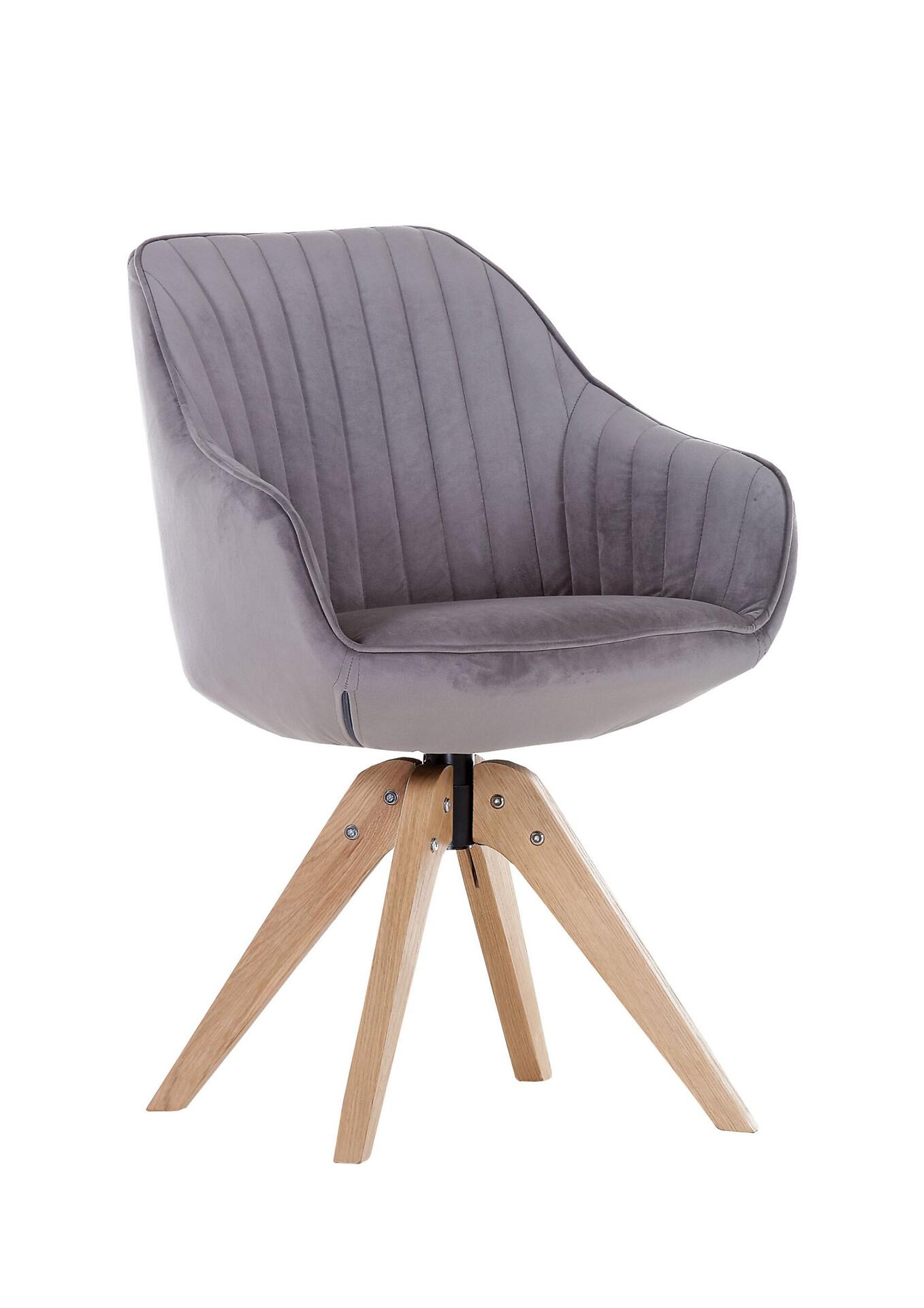 Sessel Chill mit grauem Bezug, eckigem Gestell aus massiver Eiche, niedrigem Armlehnenansatz und drehbarer Funktion, erkennbar an dem Sternfuß und dem Drehmechanismus.
