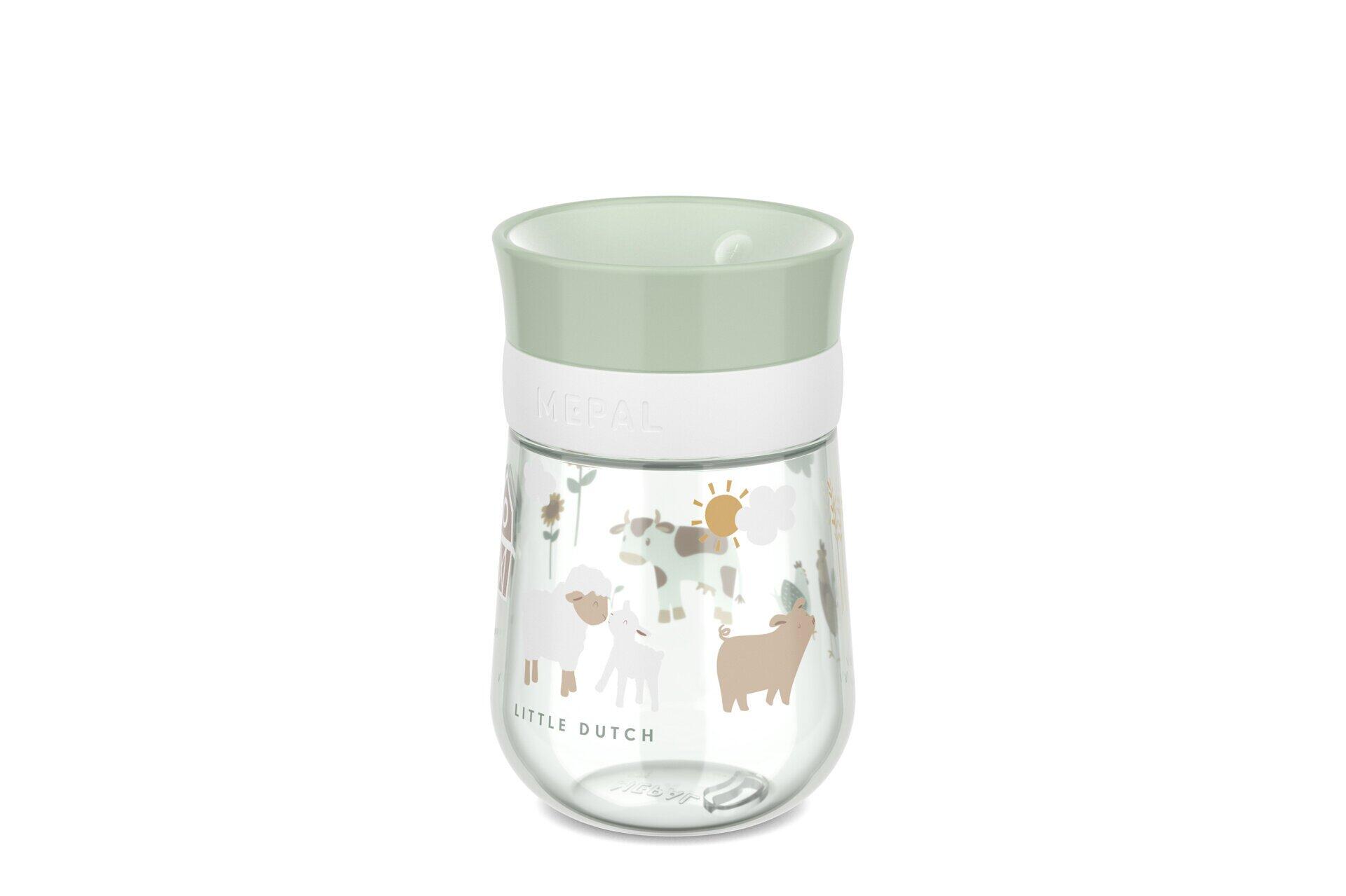 Trinkflasche Mio, transparente Flasche mit weißem Deckel und hellem Tiermotiv, detaillierte Ansicht des Designs und des verschraubten Deckels.